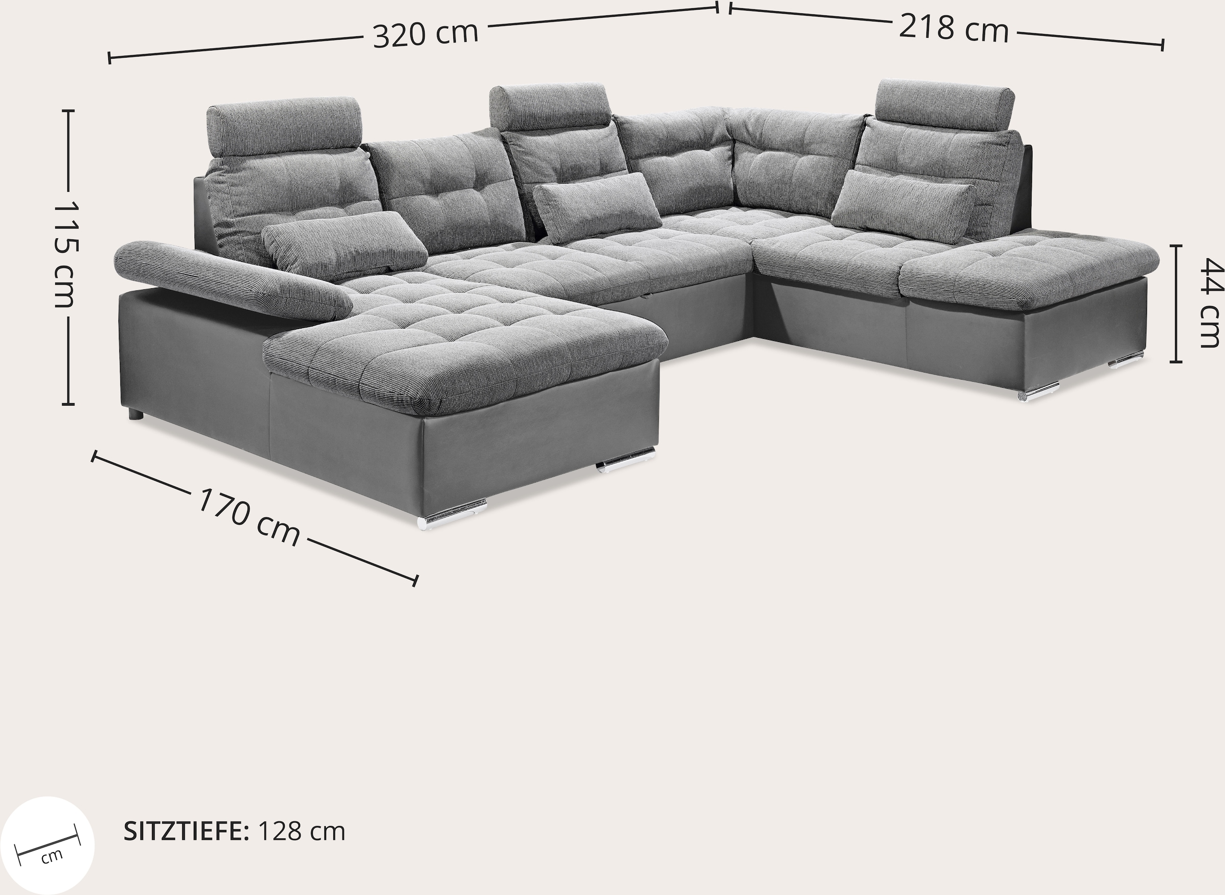 ED EXCITING DESIGN Wohnlandschaft »Jakarta U-Form mit Bettfunktion, Bettkasten« Armteilverstellung, Kopfstützen & 3 Nierenkissen