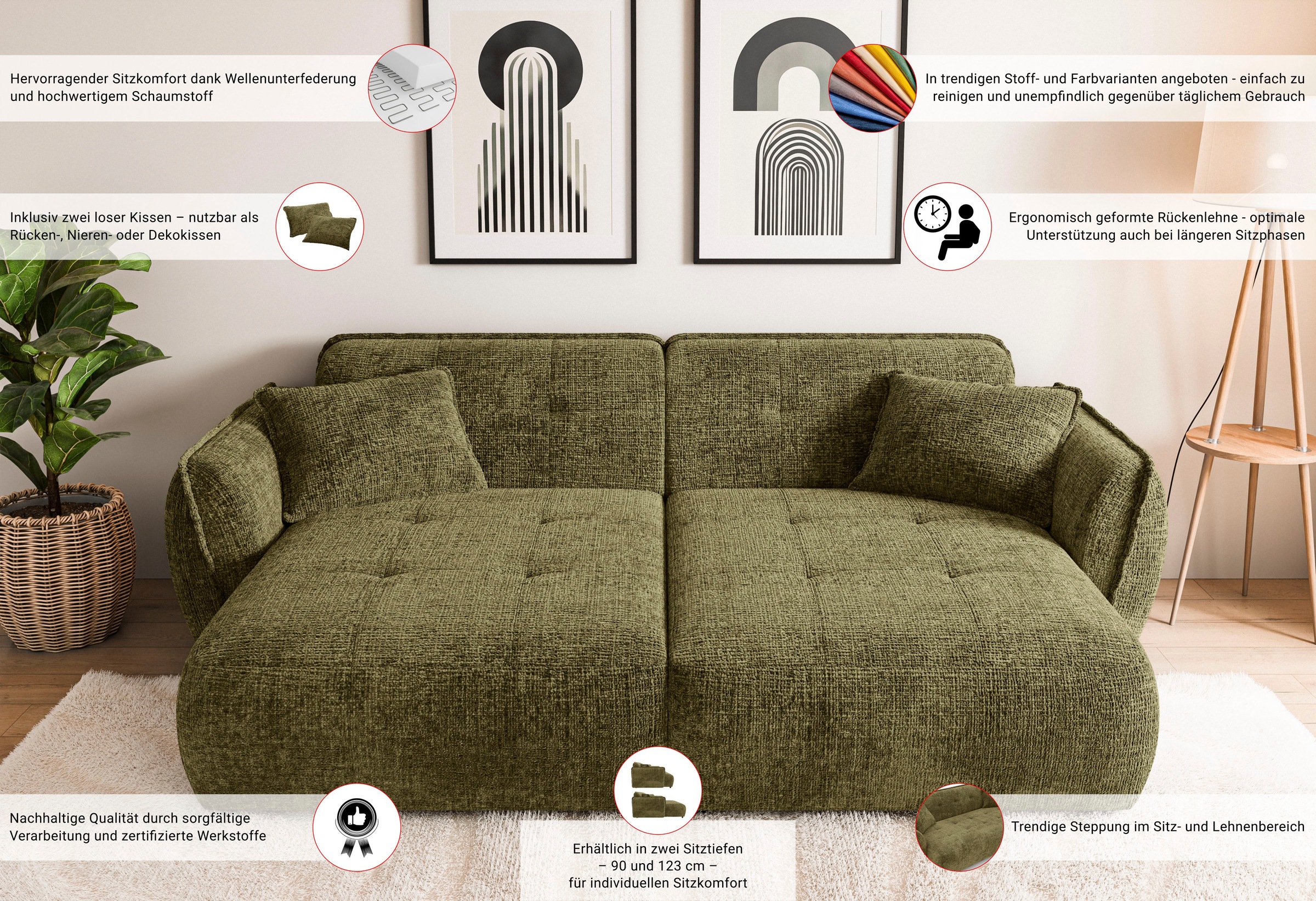 Home affaire Big-Sofa »MIRELDA Design-Sofa mit Steppungen, extra tief, Breite 251 cm« elegant und bequem, enthält 2 Zierkissen, belastbar bis 480kg