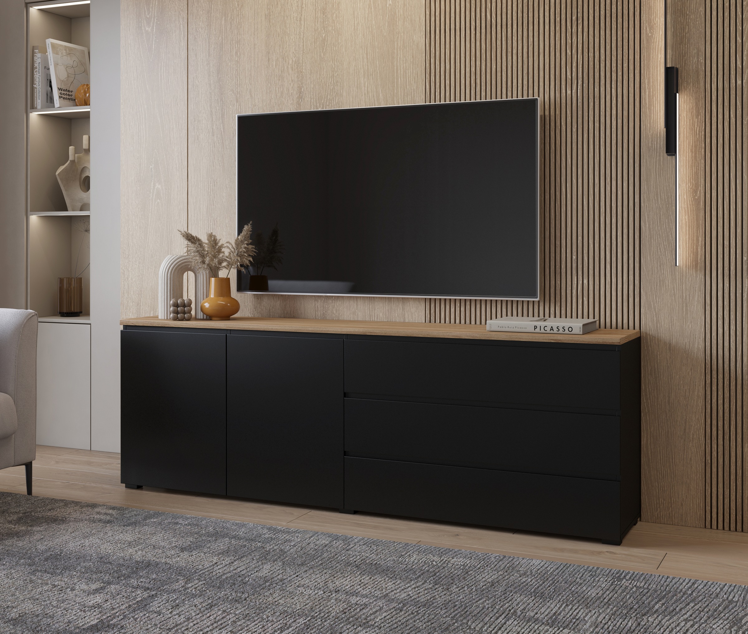 OTTO home Sideboard »Modo, Breite 200 cm, moderne grifflose Kommode 2Türen/3 SK« Schubladenkommode mit viel Stauraum, Einlegeböden verstellbar