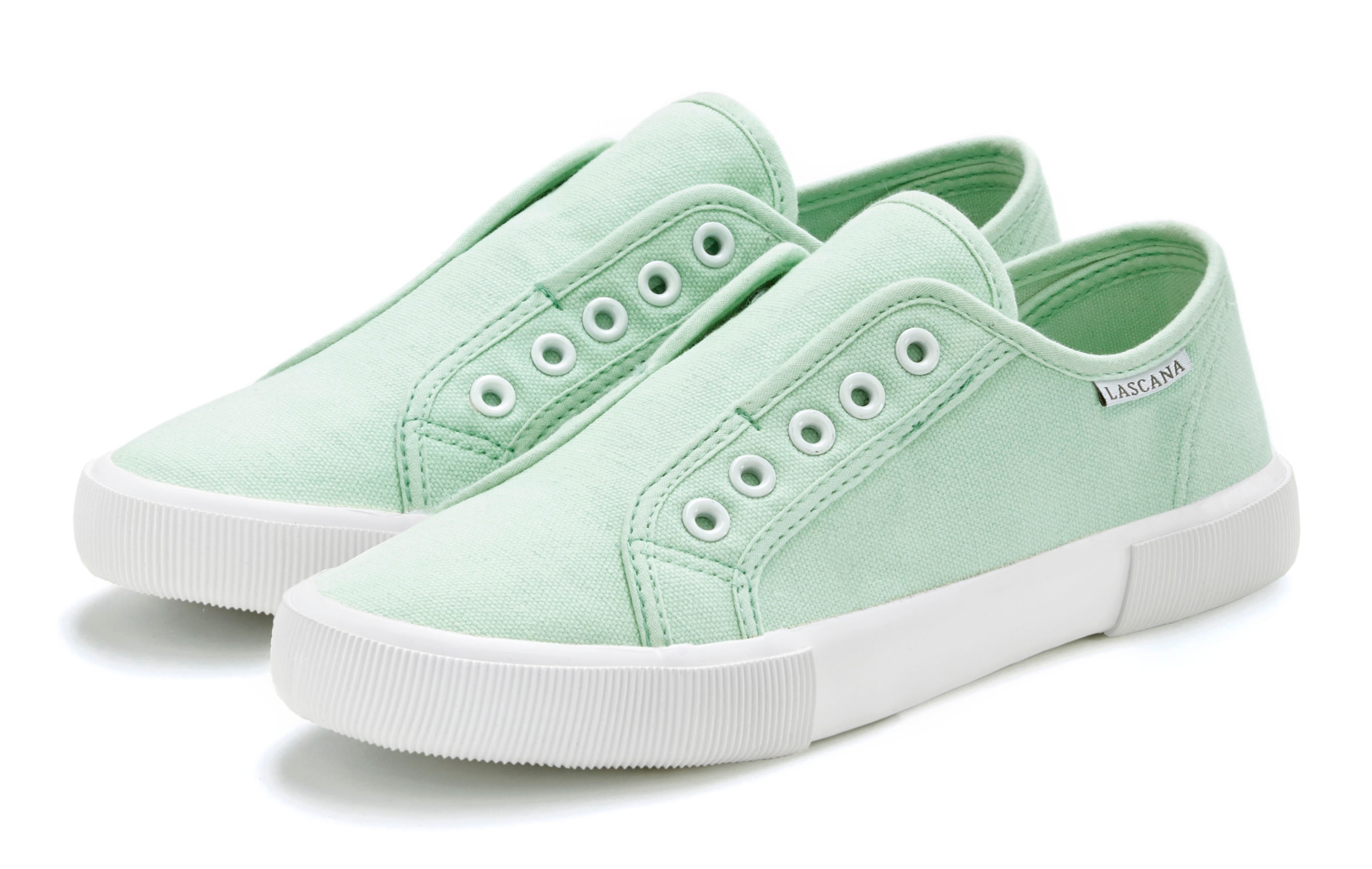Sneaker LASCANA "Slip-On-Sneaker", Damen, Gr. 38, grün (mint), Obermaterial: 100% Textilmaterial. Decksohle: 100% Textilmaterial. Futter: 100% Textilmaterial. Laufsohle: 100% Synthetik, unifarben, Basic, Schuhe Damenschuh Skaterschuh Sneaker low Slip-on-S