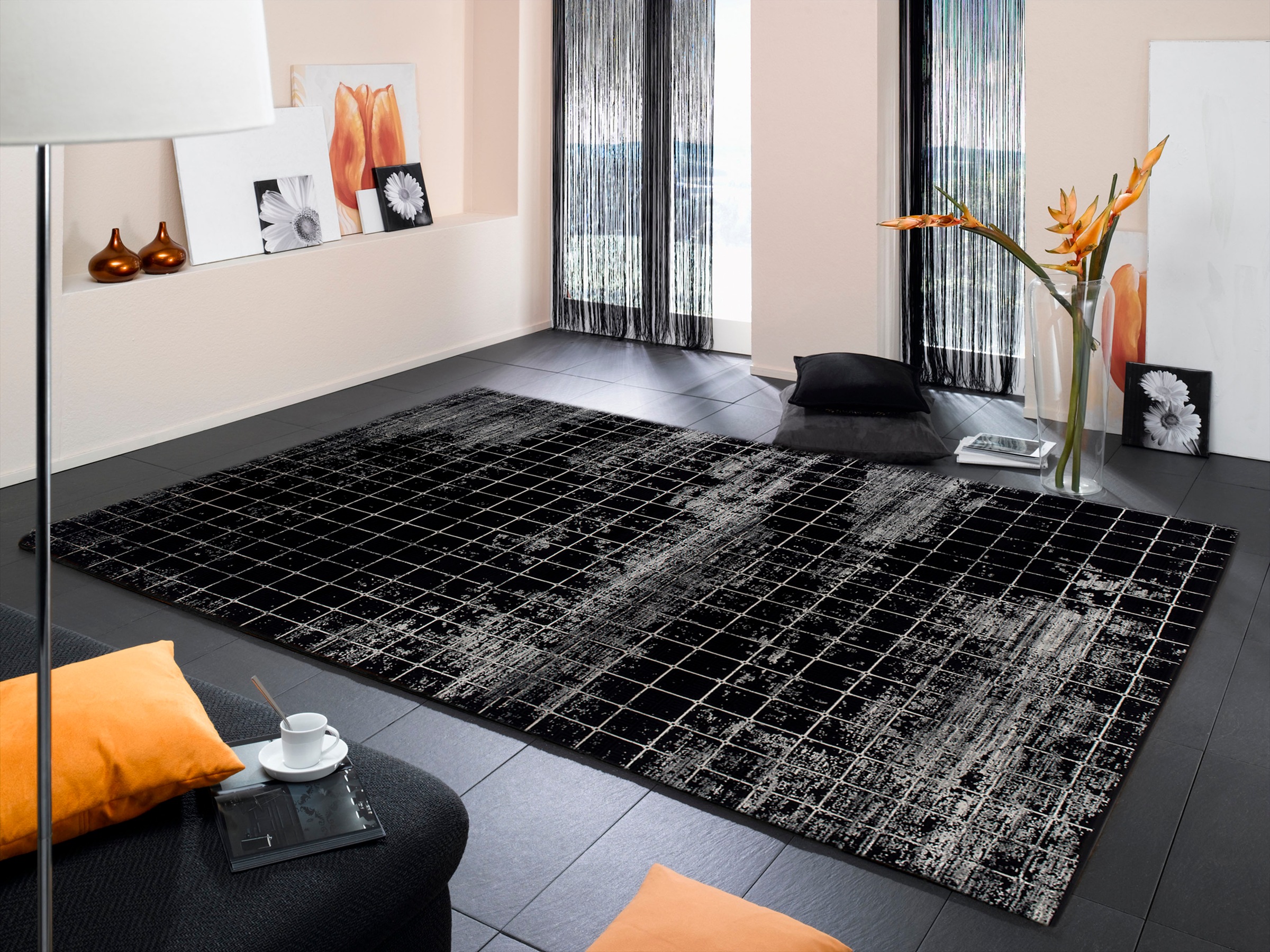 WK WOHNEN Teppich »BLACKLINE QUADRO«, rechteckig, 8 mm Höhe, fein eingefasst, sowie speziell veredelt, besonders flache Struktur