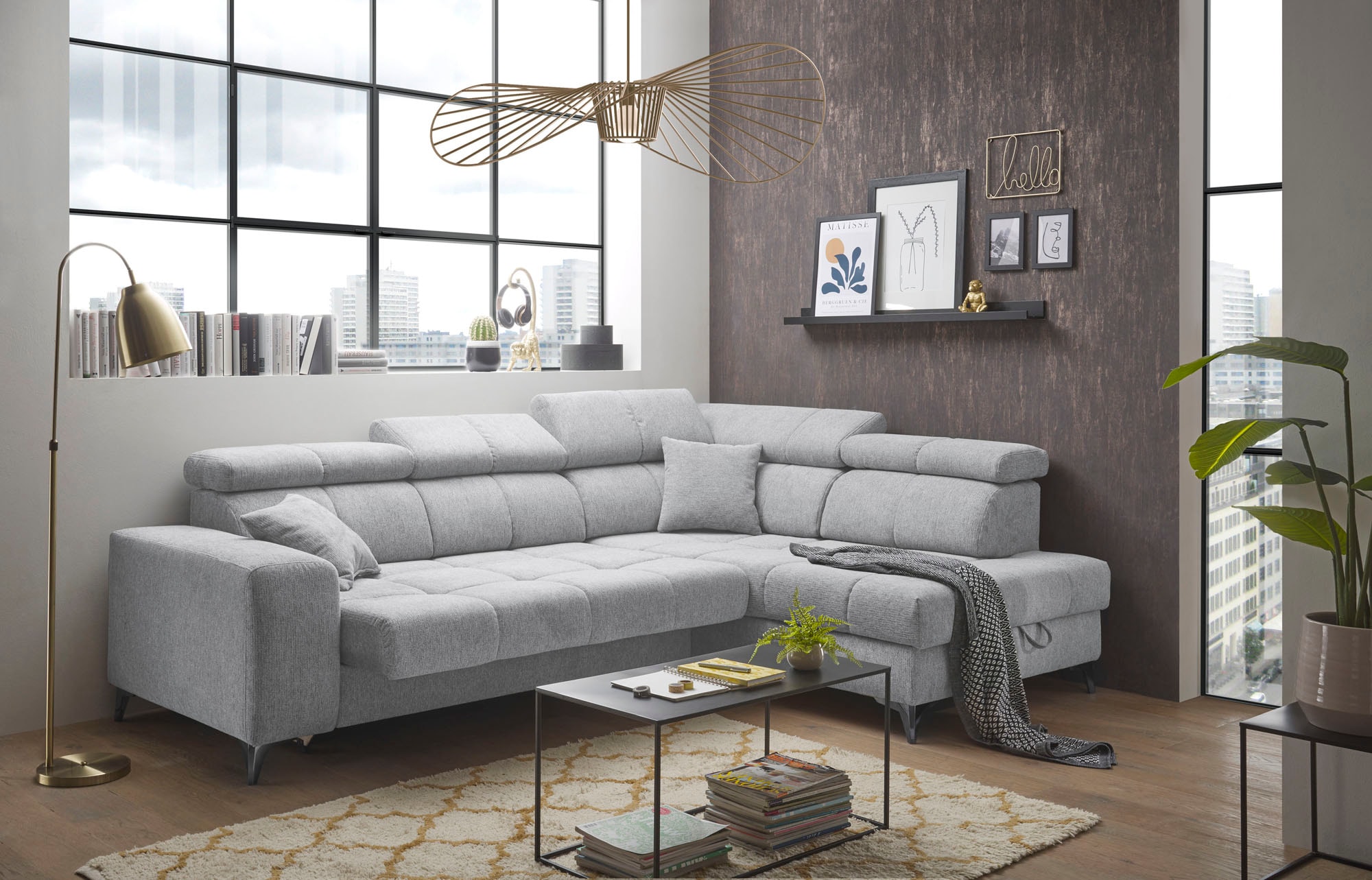 ED EXCITING DESIGN Ecksofa »Sydney L-Form mit Bettfunktion, Bettkasten, Kopfteilverstellung«, motorischer Sitztiefenverstellung, USB-Port & 2 Zierkissen