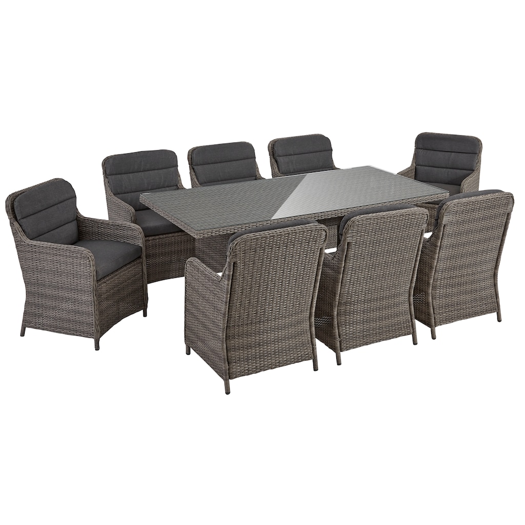 KONIFERA Garten-Essgruppe »Kairo«, (Set, 25 tlg., 8x Sessel, 1x Tisch 200x100x74 cm, inkl. Auflagen, Dunkelgrau), Polyrattan, Stahl, Tischplatte aus 5mm starkem Sicherheitsglas