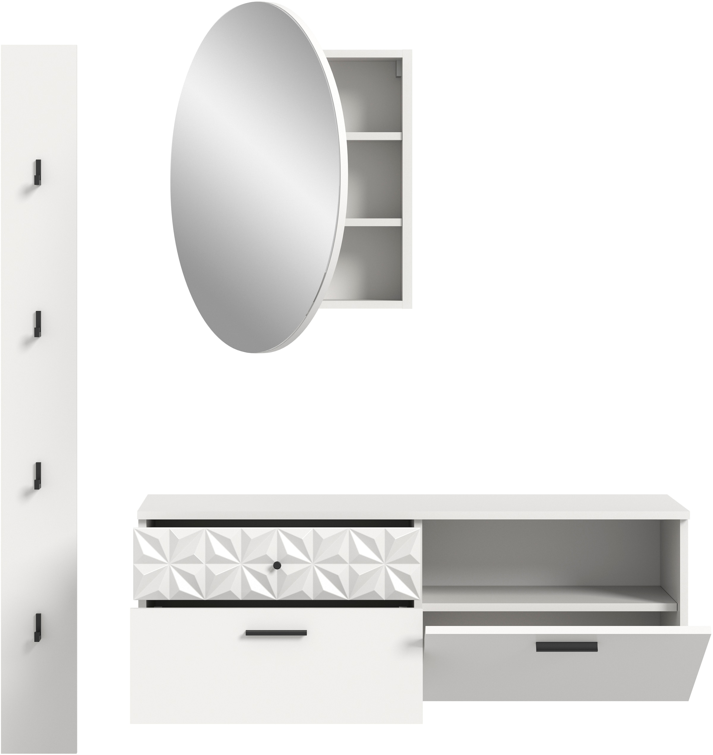 INOSIGN Garderoben-Set »VICENZA, 3-tlg., mit foraler Ornamentabsetzung in der Front«, (3 St.), best. aus.: Schuhschrank, Spiegelschrank und Hakenpaneel