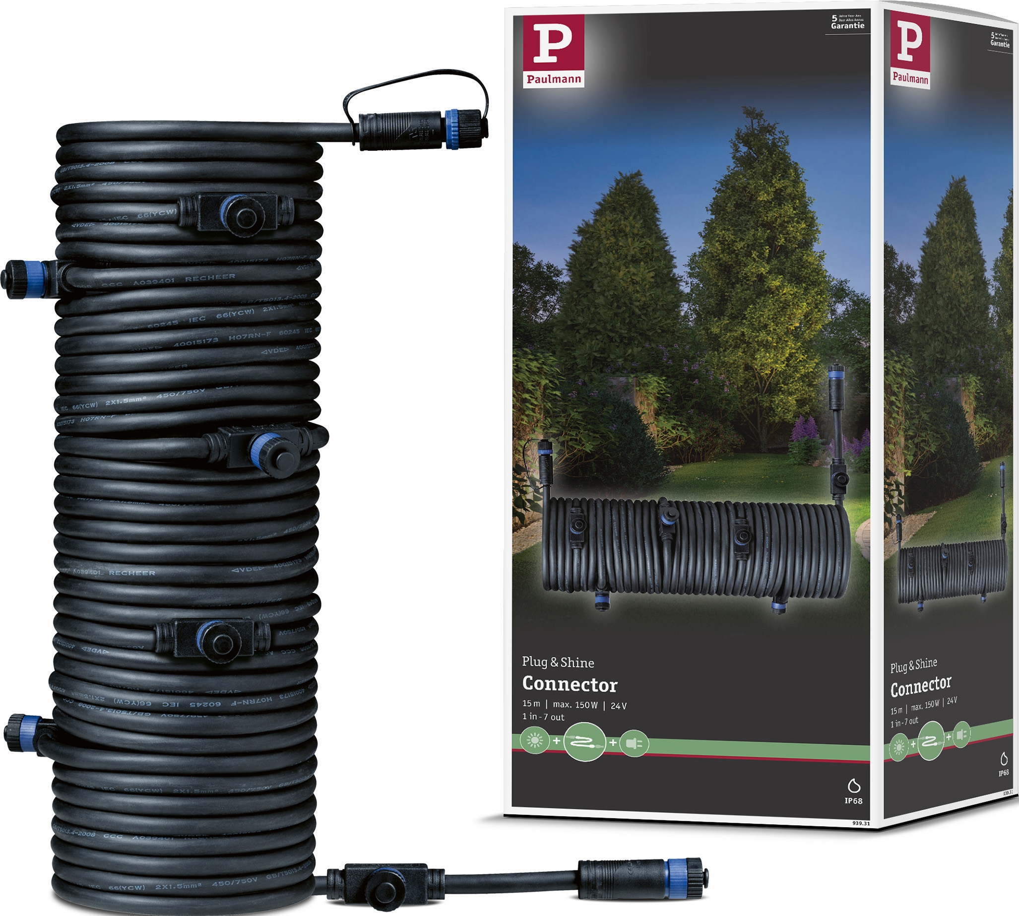 Lampen-Verbindungskabel PAULMANN, Ø:18,4mm, schwarz, Kabel, "Outdoor Plug&Shine 15m IP68", 1 in - 7 out