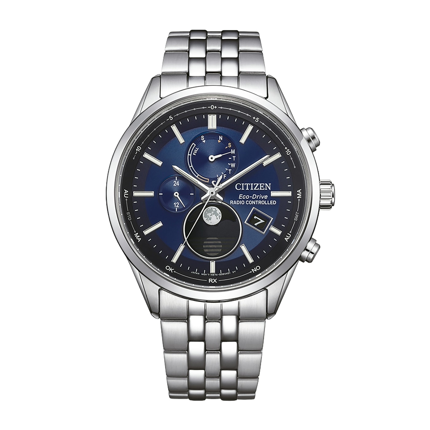 CITIZEN Herren Funkuhr "Funkuhren Mondphase"silberfarben, blau, Armbanduhren, Quarzuhr, Armbanduhr, Herrenuhr, Edelstahlarmband, analog, Big Date