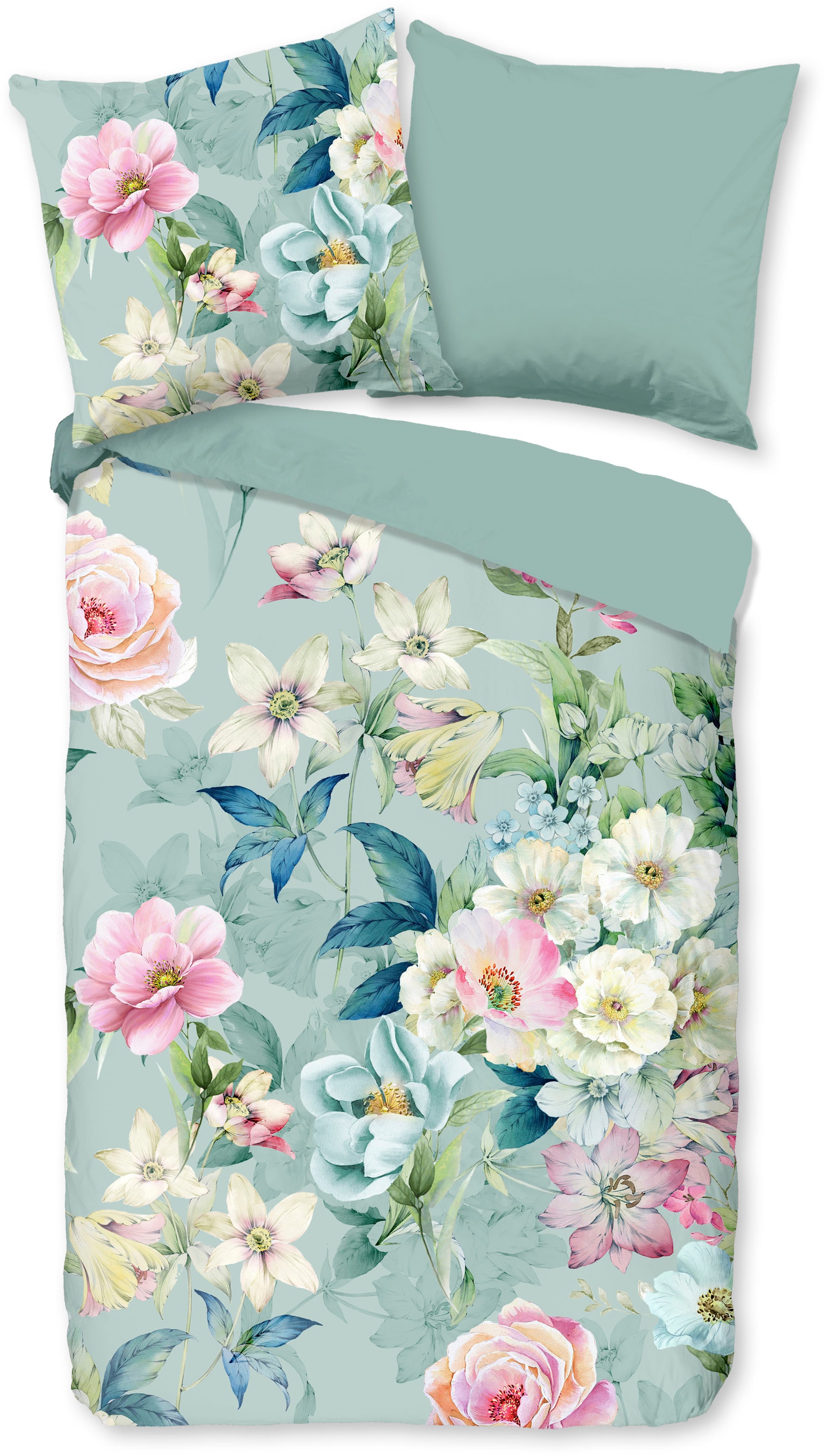 good morning Wendebettwäsche »Casa«, 100% Baumwolle, 135x200, Reißverschluss, Wendeoptik, Blumen, Türkis