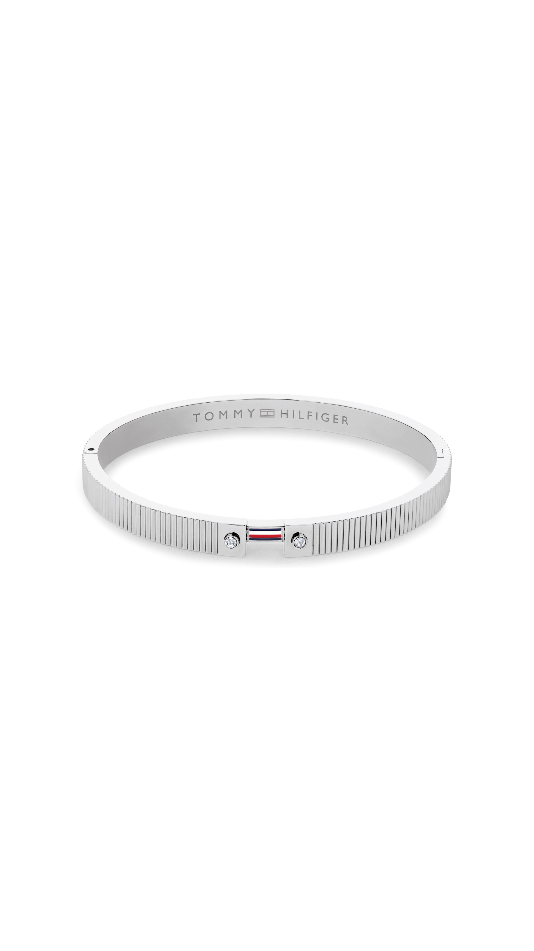 Armspange TOMMY HILFIGER "STRIPES", edelstahlfarben, rot, weiß, blau, kristallweiß, kristallweiß, Armbänder, Damen, Edelstahl, Armspange, mit Glasstein - Emaille