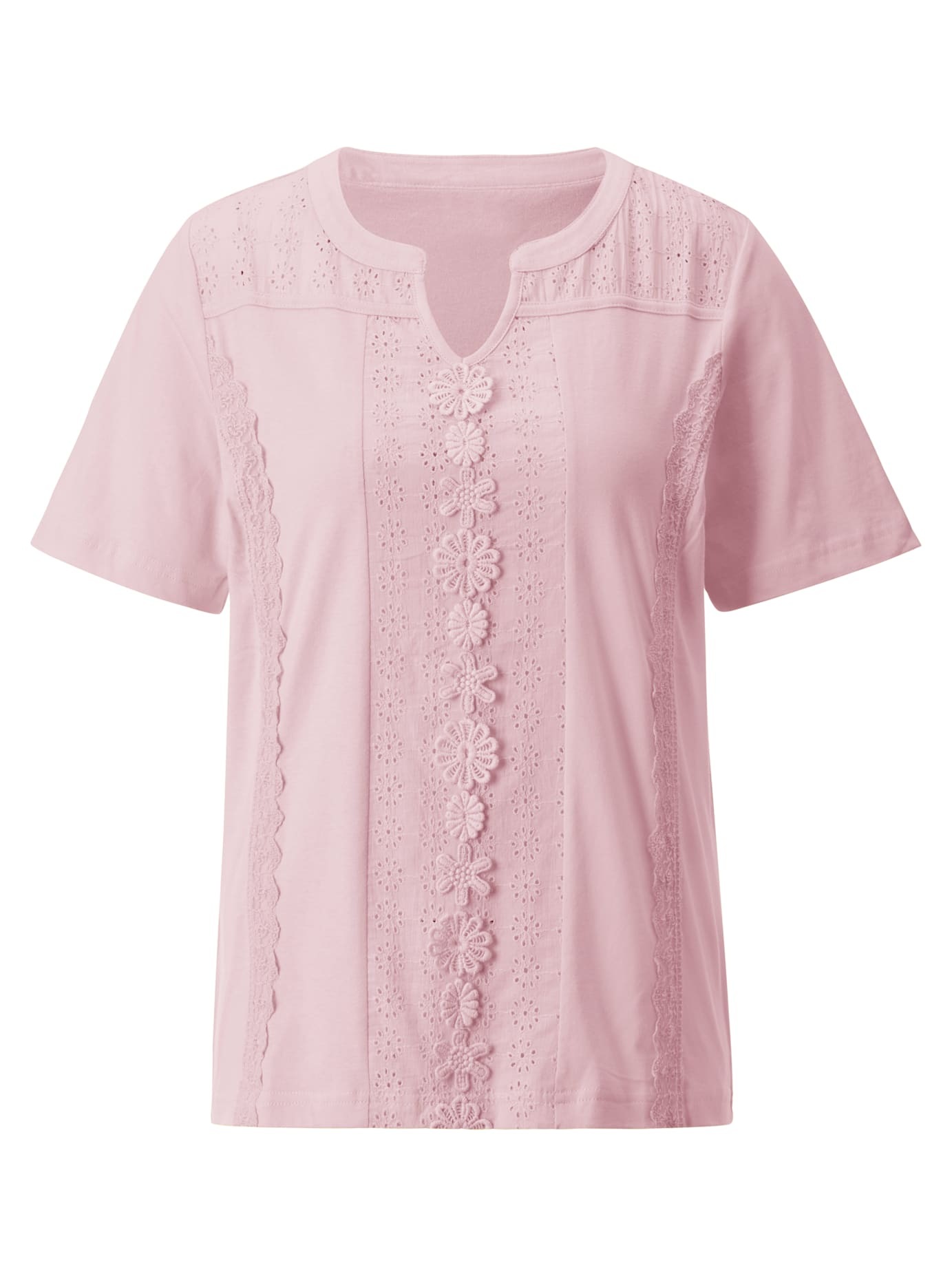 Kurzarmshirt CLASSIC BASICS "Kurzarm-Shirt", Damen, Gr. 38, rosa (rosé), 100% Baumwolle, Spitze:100% Baumwolle, Webware:100% Baumwolle, unifarben, Rundhals, Shirts 3