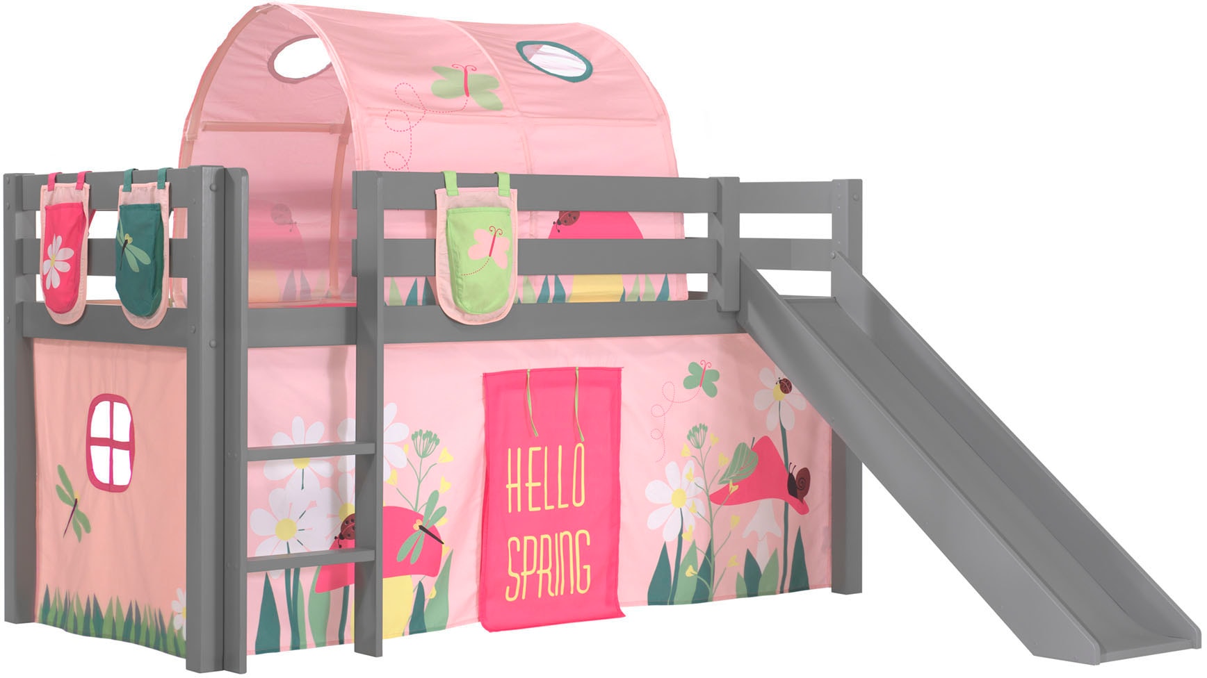 Vipack Hochbett »Pino«, (Made in Europe), Massivholz, Textil Set "Spring", wahlweise mit Rutsche und Betttunnel