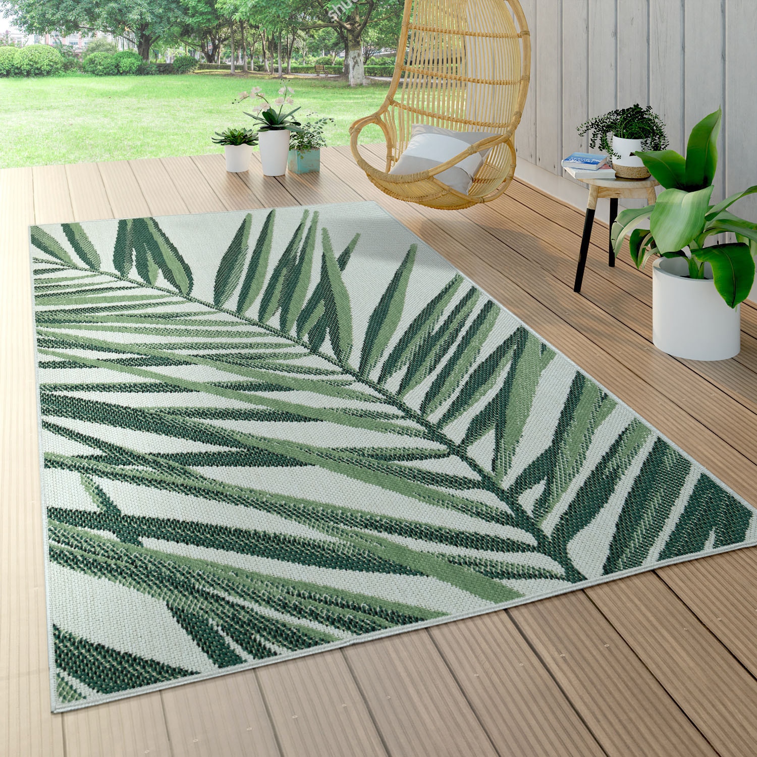 Paco Home Teppich »Ostende 537«, rund, Flachgewebe, Motiv Palmenblätter, In- und Outdoor geeignet, Wohnzimmer