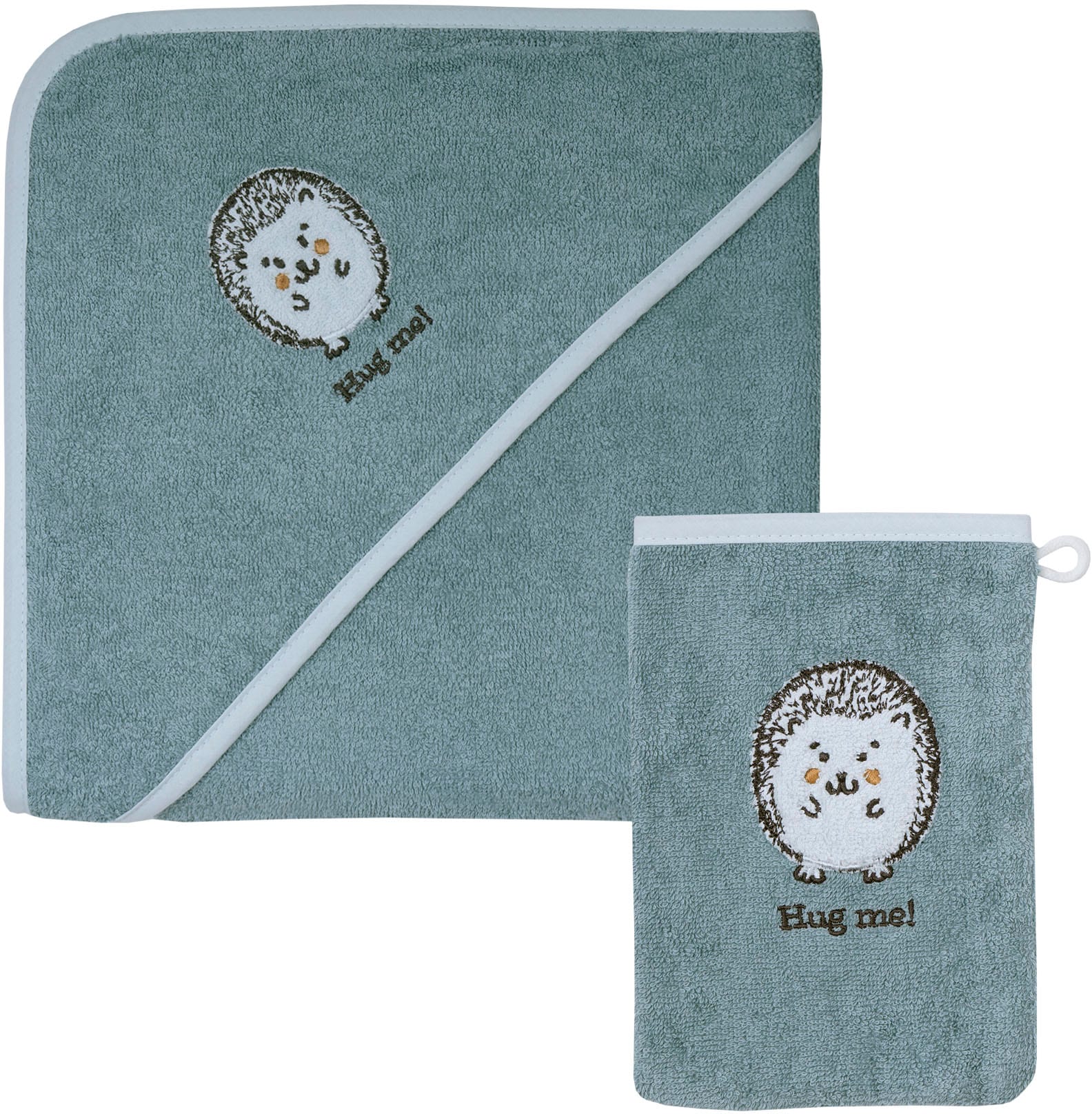 Handtuch Set WÖRNER, blau, Frottier, Obermaterial: 100% Baumwolle, Handtücher, "Igel blau Kapuzenbadetuch 100/100 mit Waschhandschuh", mi süßer