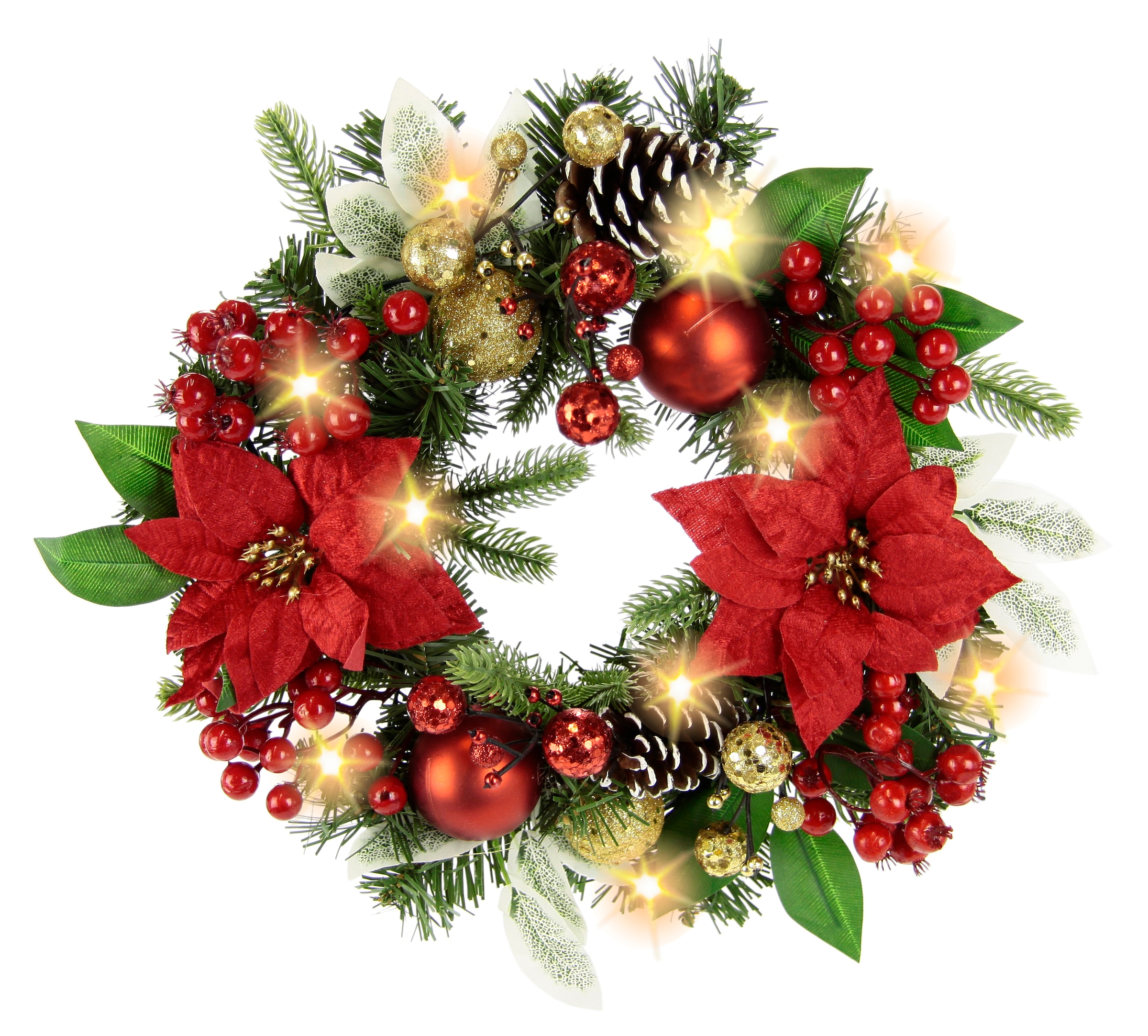 Kunstkranz »Adventskranz Poinsettia mit LED Lichterkette«, Beeren Kugeln...