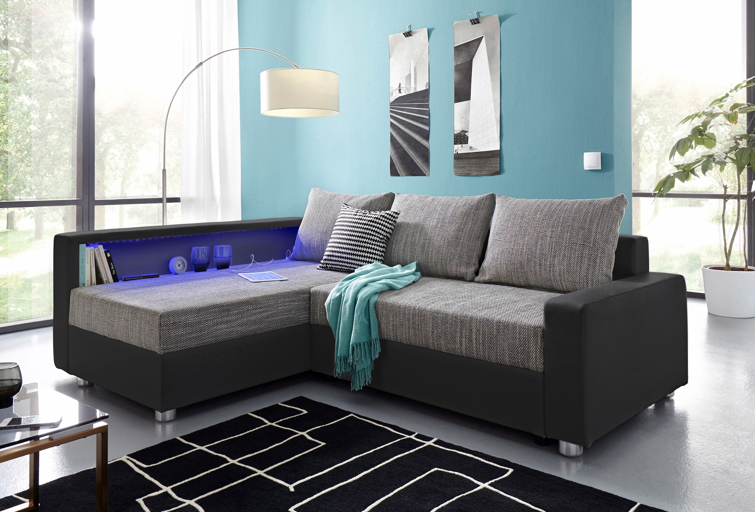COLLECTION AB "Relax L-Form, B: 223 cm" Schlaffunktion, Bettkasten, Regal & 1 Zierkissen, optional Licht