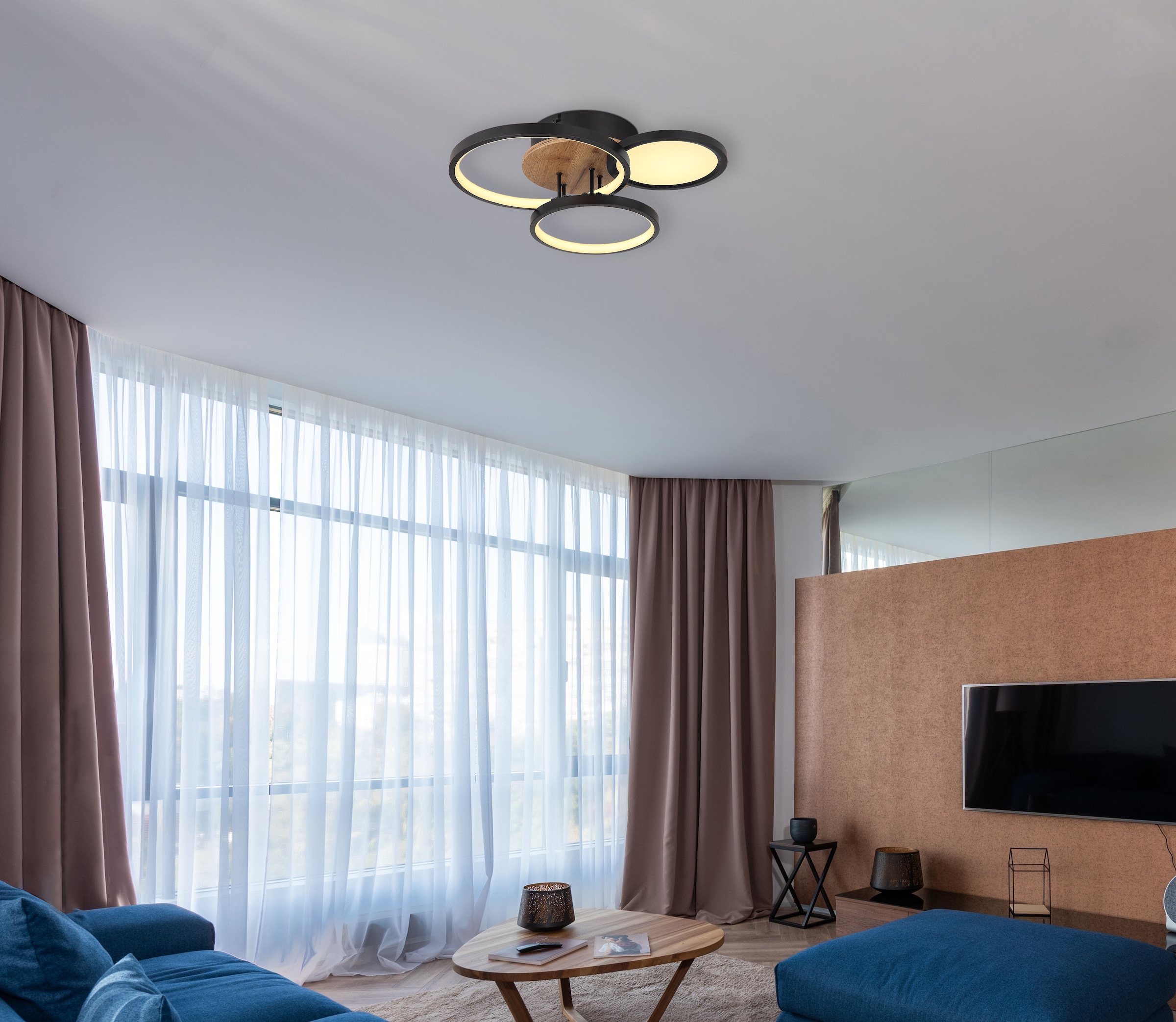 GLOBO LIGHTING Deckenleuchte »SID« LED-Modul 1 Stk. Warmweiß Deckenleuchte Schwarz/Holzoptik, Opalglas, LED 30W, 3000K