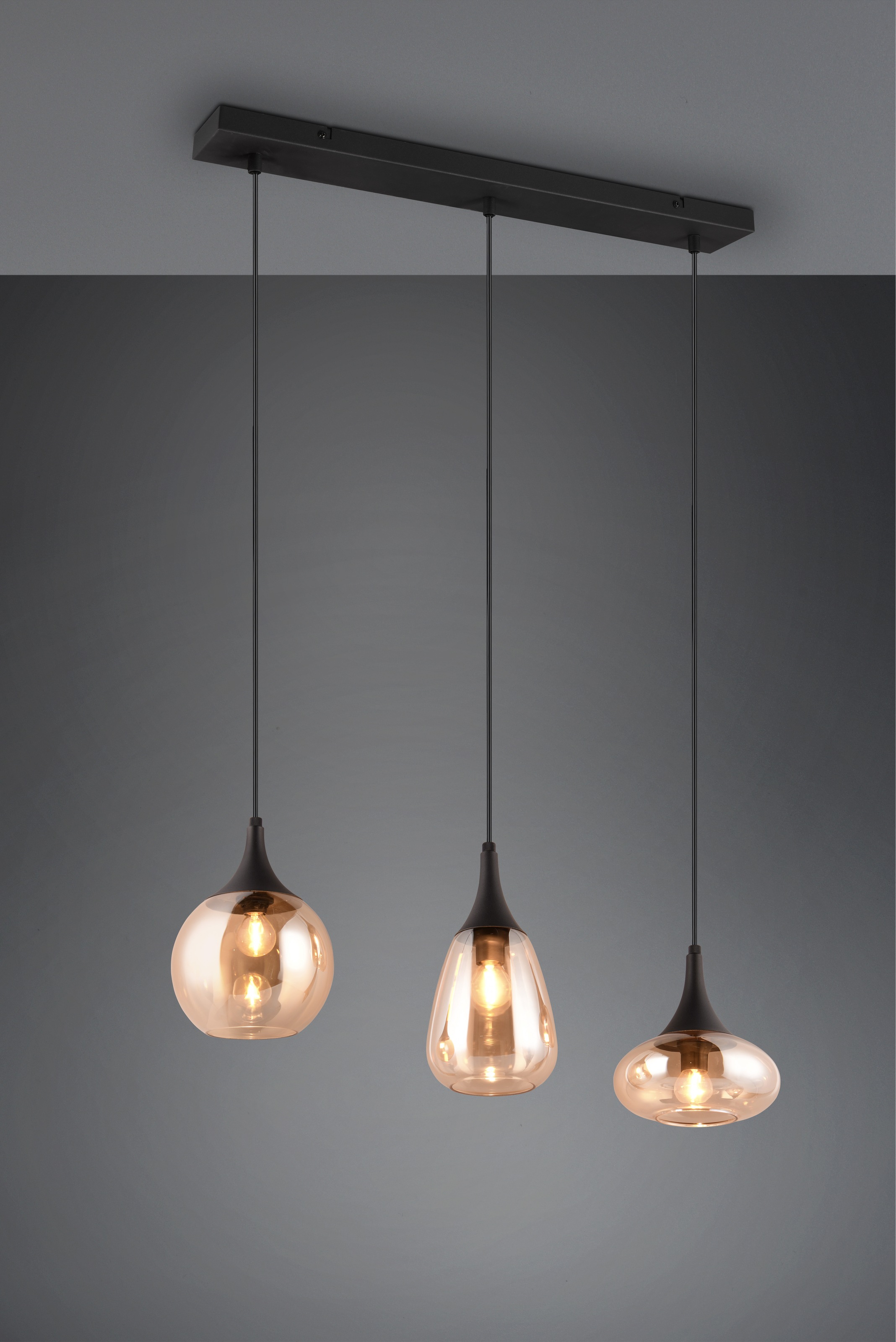 TRIO Leuchten Pendelleuchte »LUMINA, E14 Hängelampe 3-flammig Glasschirme in 3 Formen amberfarbig«, 3 flammig, Leuchtmittel E14 | Leuchtmittel wechselbar, exkl 3x E14 max 40W, Hängeleuchte höhenverstellbar bis max 150 cm