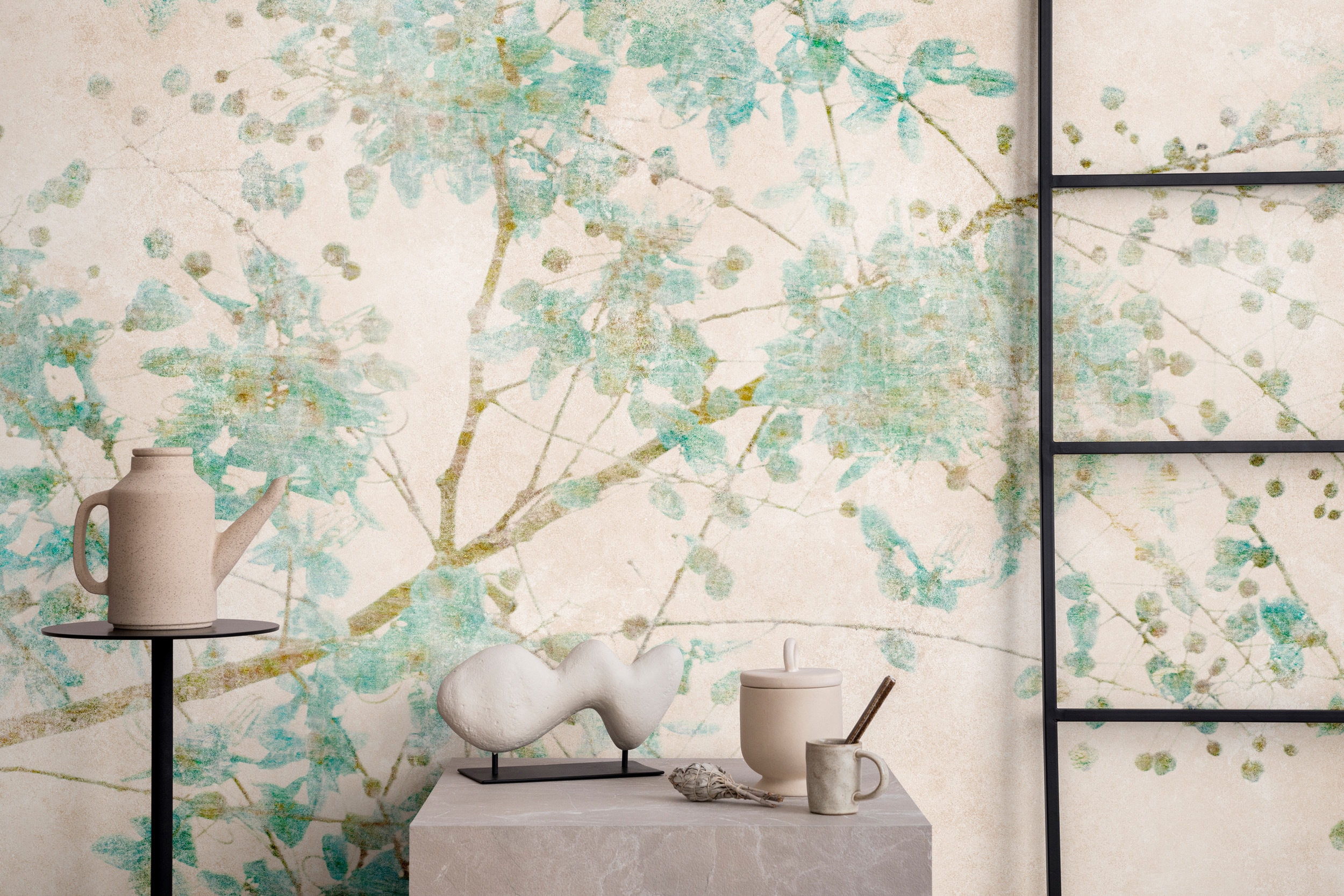 living walls Vliestapete "Zarte Blüten-Tapete Aquarelloptik Mint Beige" matt glatt