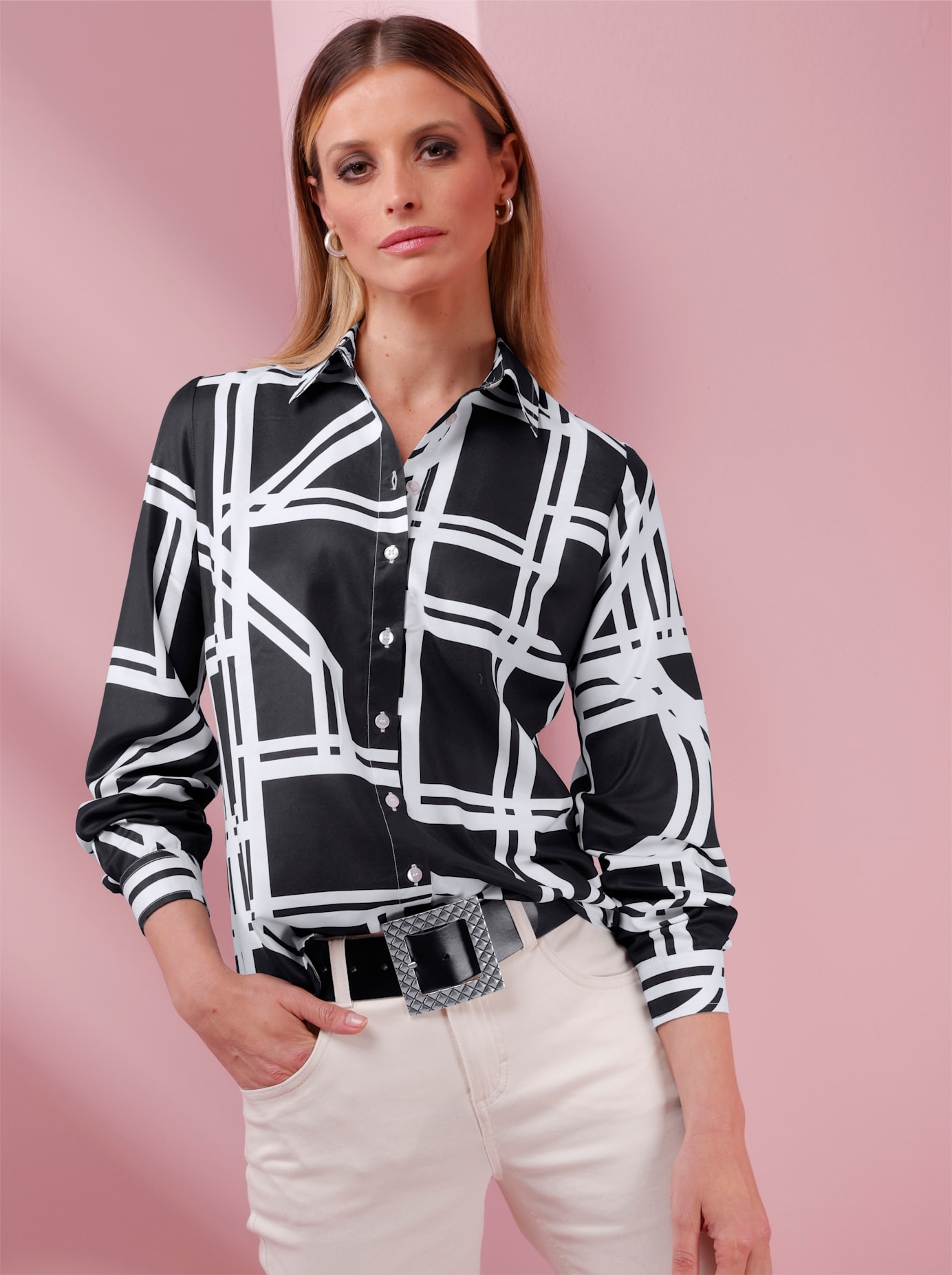 HEINE Damen Hemdbluseschwarz, ecru, bedruckt, Gr. 46, bedruckt, gemustert, mehrfarbig, 100% Polyester, Blusen