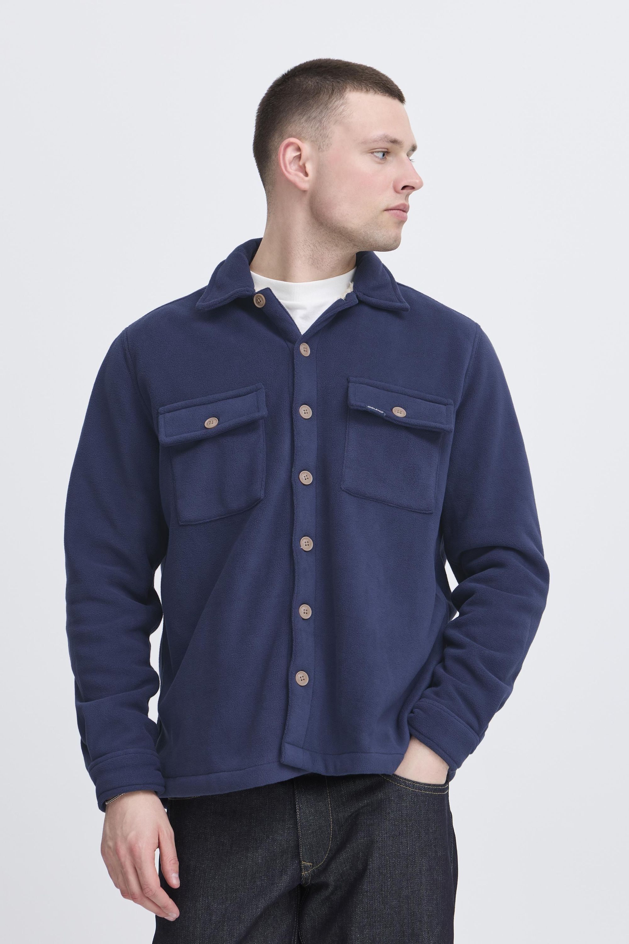 Hemdjacke BLEND "BHBaki", Herren, Gr. XL, marineblaus, Fleece, 100% Polyester, unifarben, Basic, normal normal, ohne Ausschnitt, gerader Abschluss, Jacken, Stilvolle Hemdjacke mit Brusttaschen 2