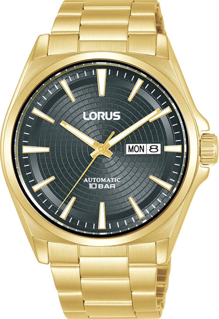 LORUS Herren Automatikuhrgoldfarben, schwarz, Armbanduhren, Armbanduhr, Herrenuhr, Mechanische Uhr, Edelstahlarmband, analog, Tag