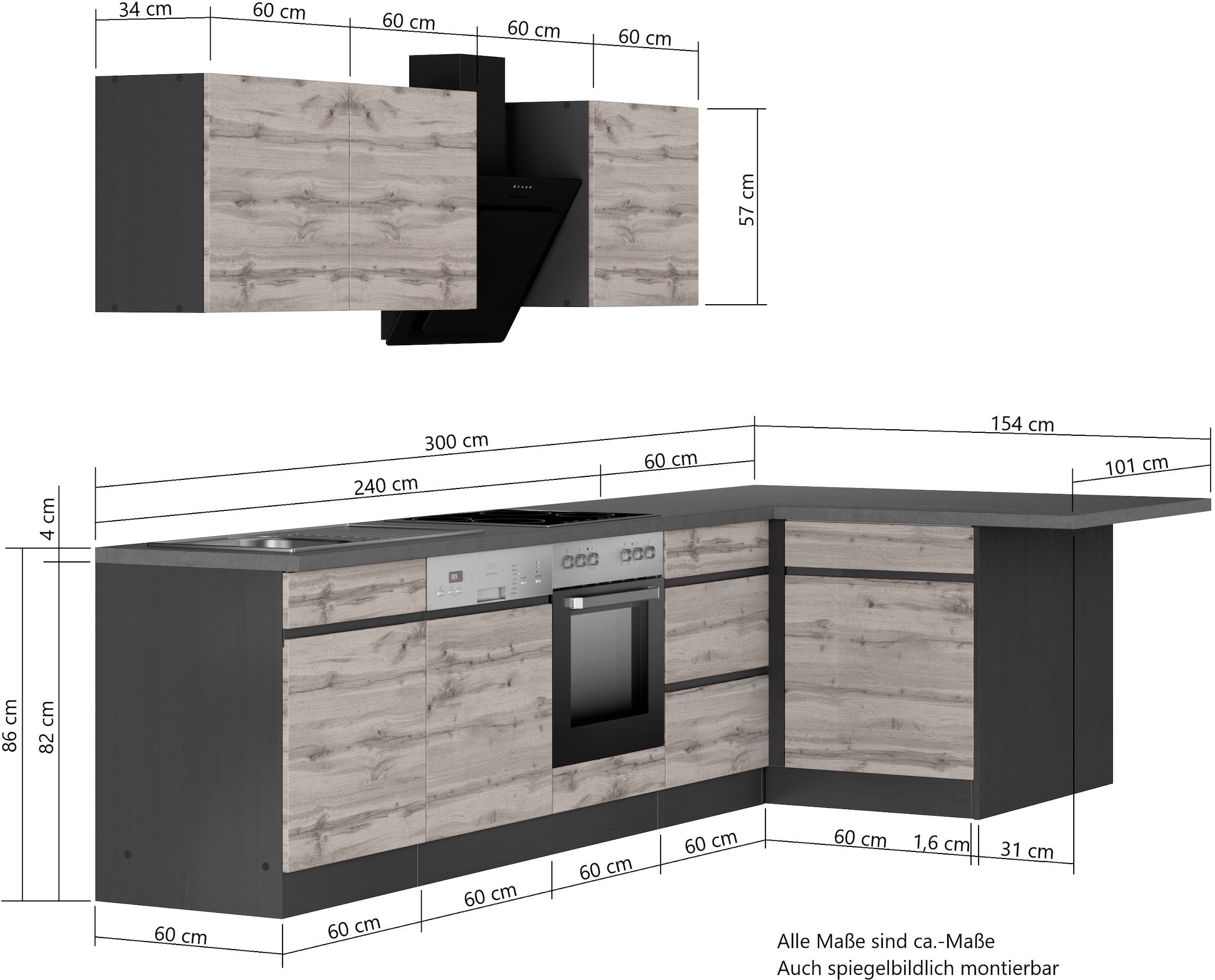 KOCHSTATION Winkelküche »KS-Riesa«, Stellbreite 340x150 cm, wahlweise mit oder ohne E-Geräte