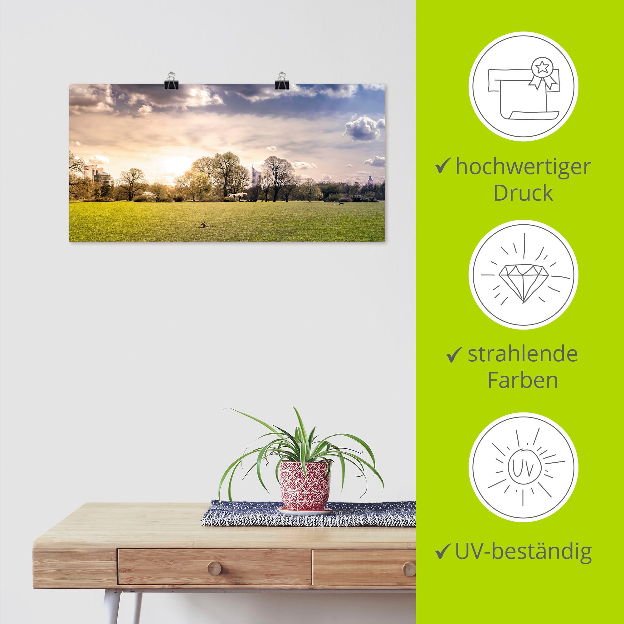 Artland Wandbild »Rosentalwiese Leipzig mit Hund & Skyline«, Wiesen & Baumbilder, (1 St.), als Alubild, Leinwandbild, Wandaufkleber oder Poster in versch. Größen
