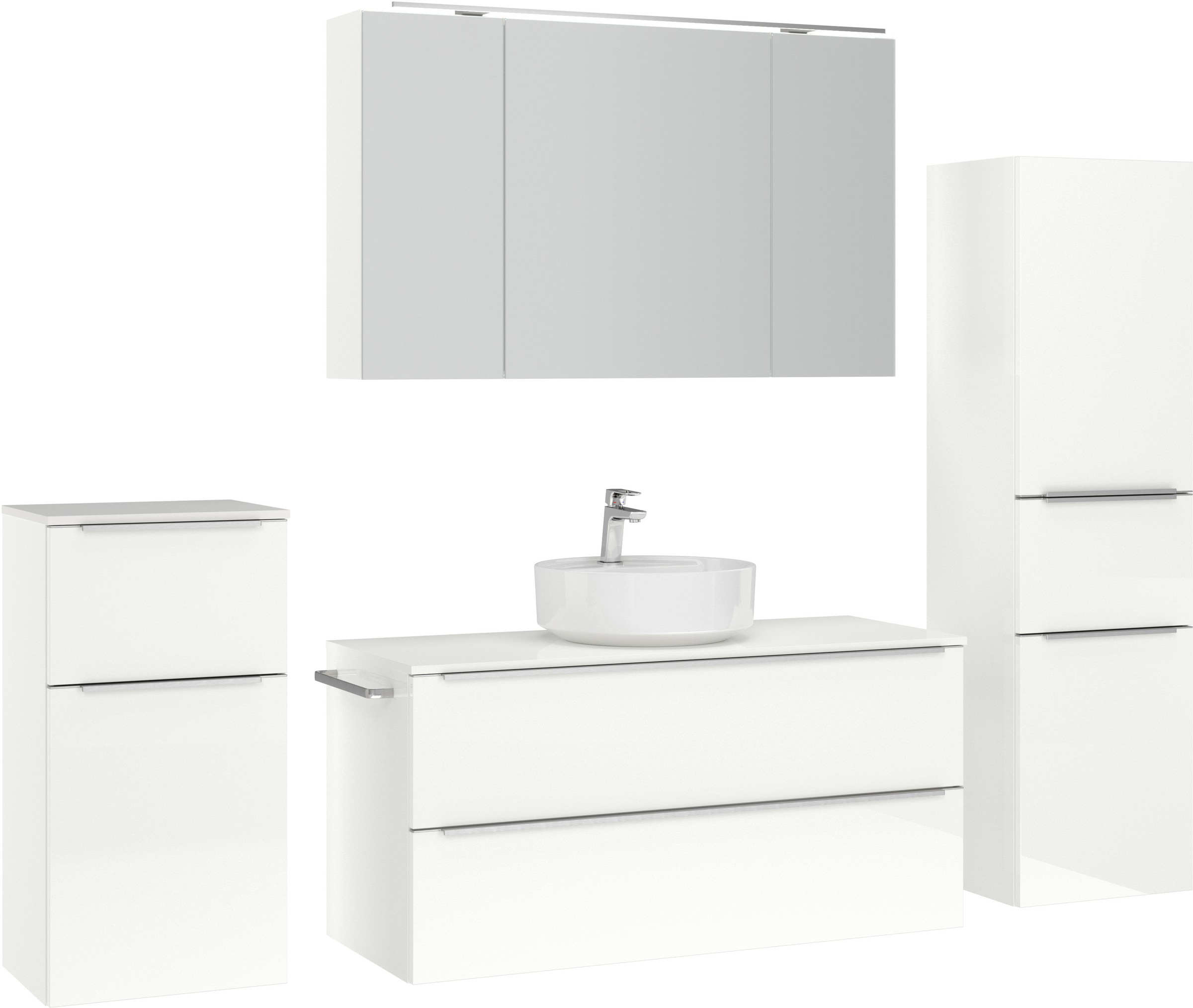 nobilia® Badmöbel-Set »Alvene«, (4 St., vormontiert, mit Soft-Close), inkl. Spiegelschrank mit Beleuchtung und Dimmerfunktion, in 4 Breiten