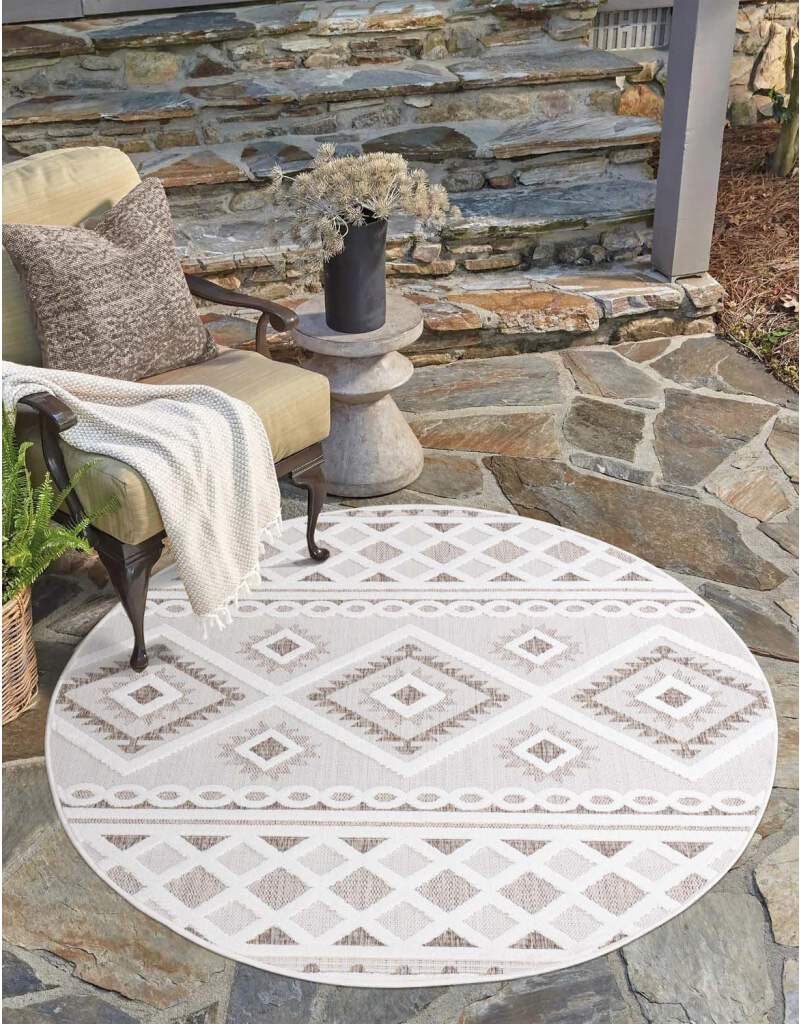 Teppich CARPET CITY "In-& Outdoorteppich Santorini 435, 3D-Effekt, Boho-Look", beige (creme), H:5mm Ø:120cm, Polypropylen, Teppiche, Teppich, Wetterfest & UV-beständig für Terrasse, Balkon, Küche, Flur