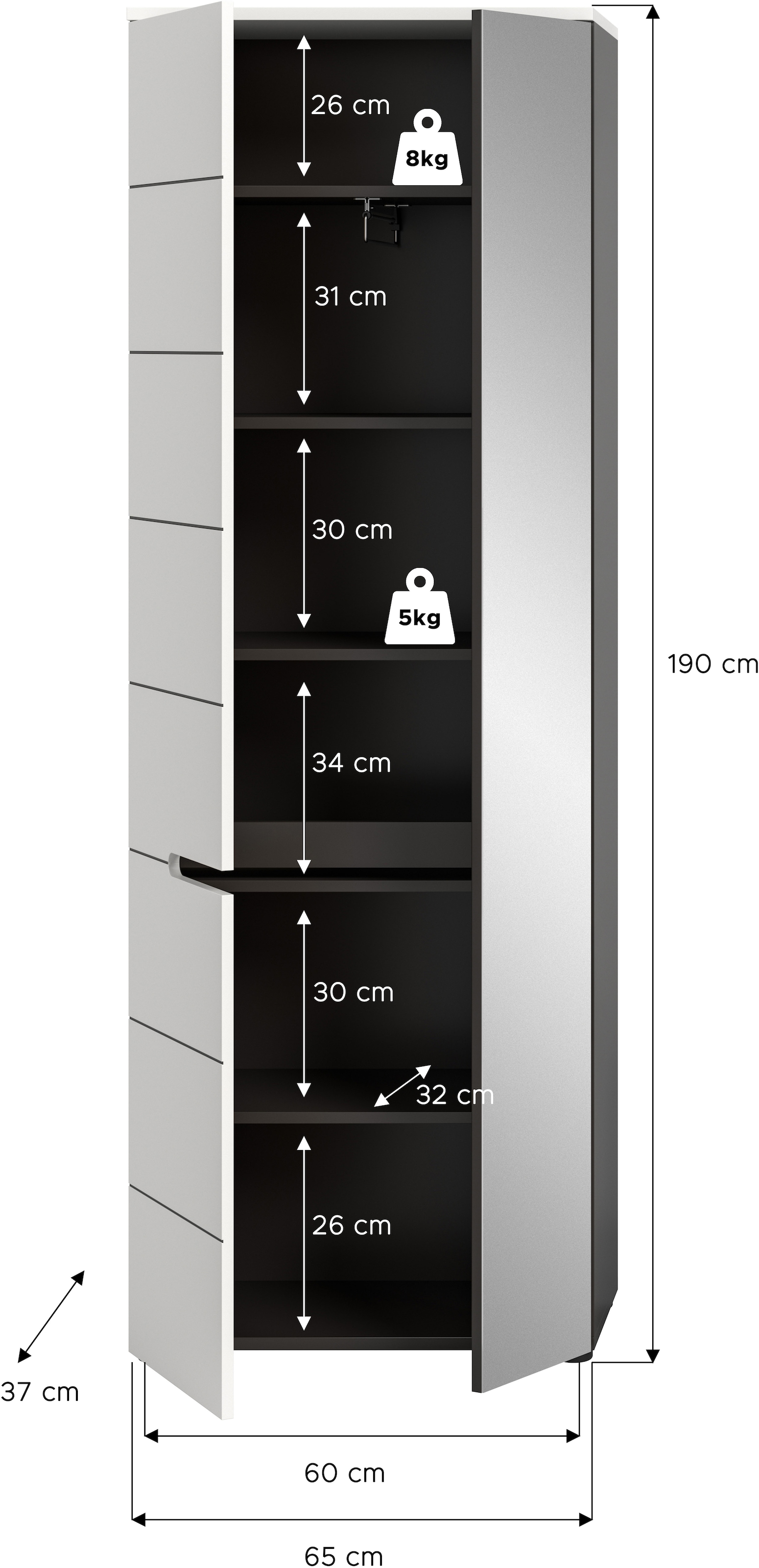 INOSIGN Garderobenschrank »REHAT, TOPSELLER!, Höhe 190cm, 2 Türen, 6 Fächer, 1 Kleiderstange«, (1 St., in verschiedenen Farben erhältlich), Garderobe, Flurschrank, Dielenschrank, Kleiderschrank, Garderobenmöbel