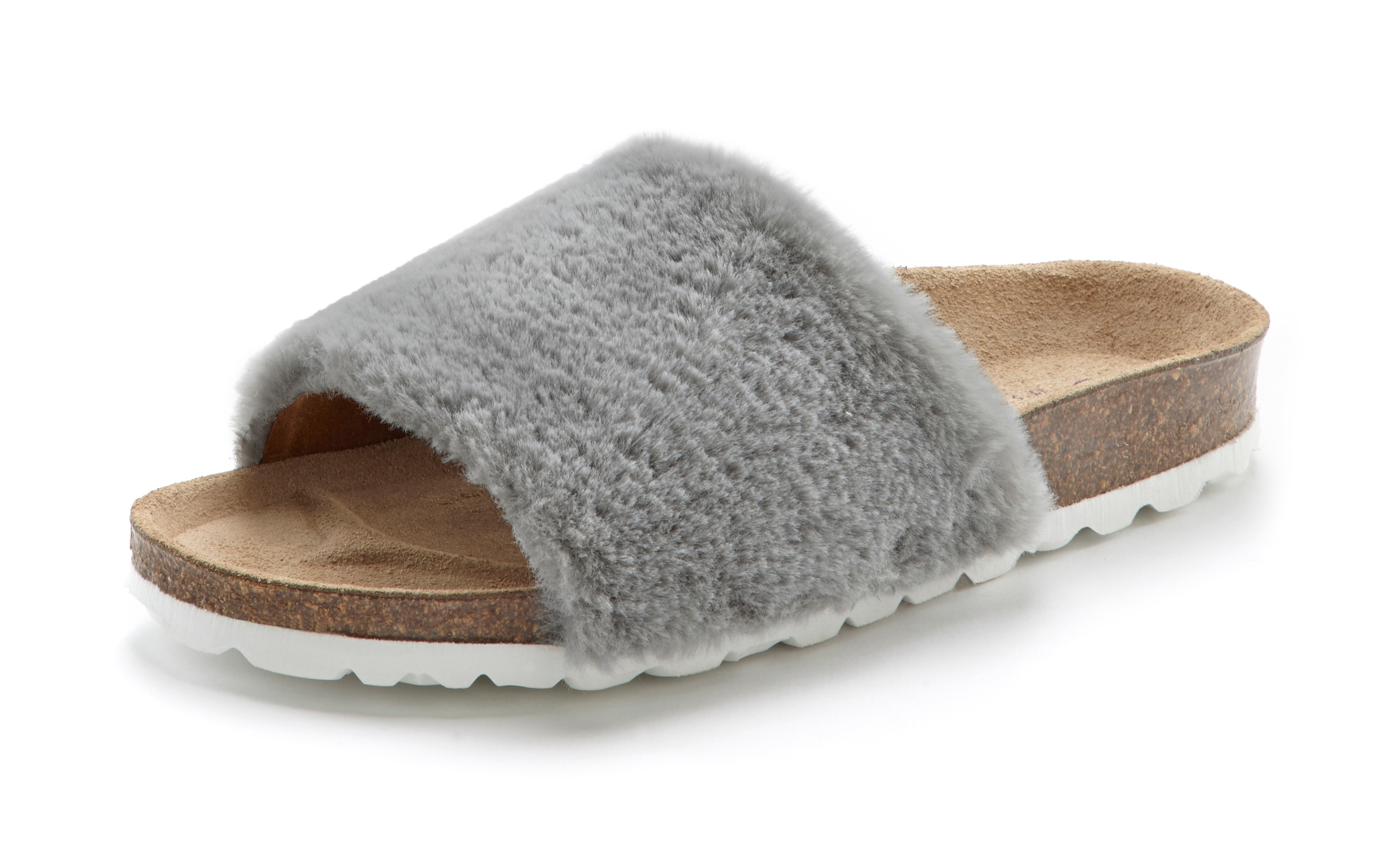 Pantolette »Pantoffel«, Mule, Sandale, offener Schuh, Hausschuh, Korkfußbett, Fellimitat