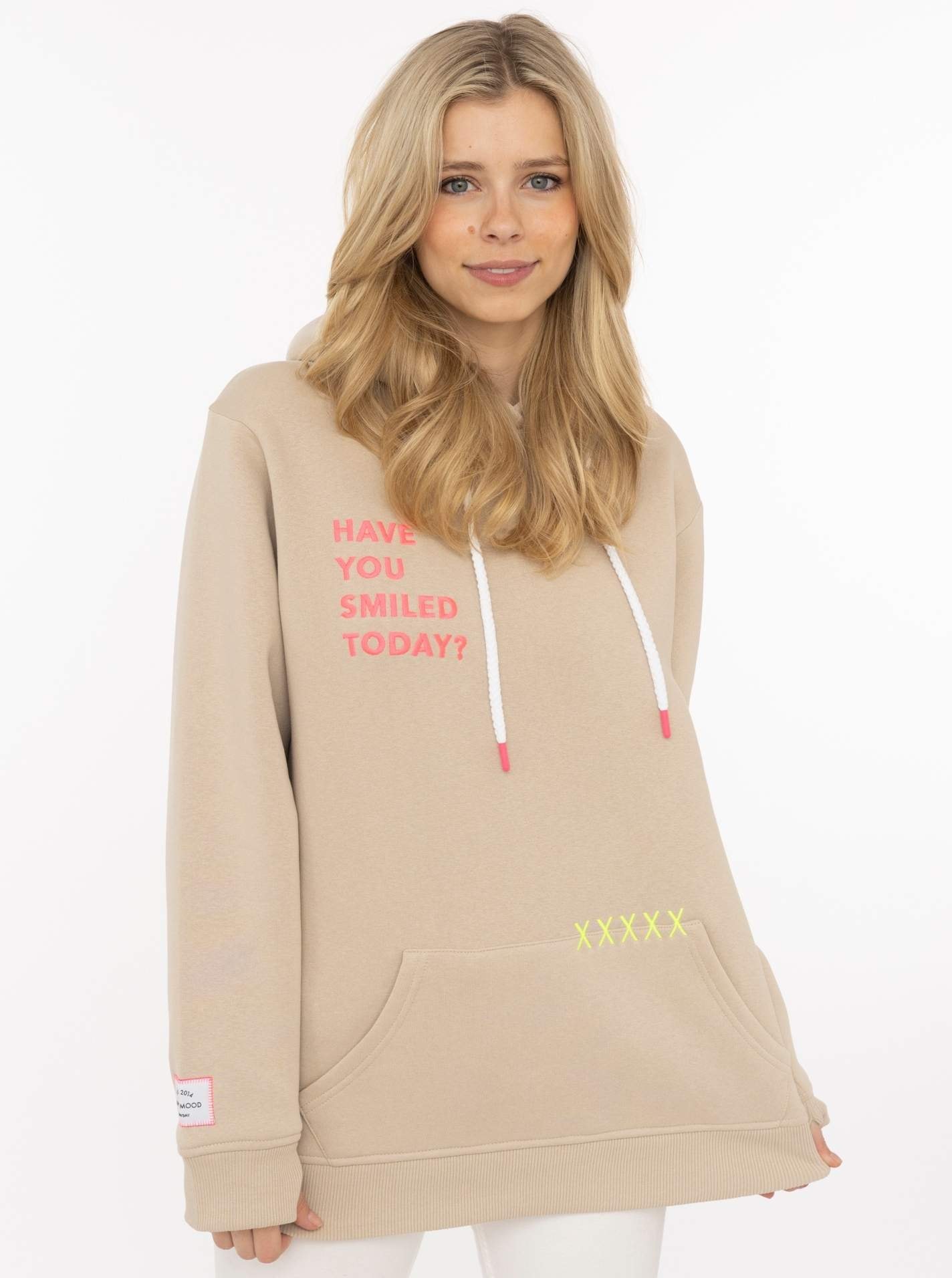 Zwillingsherz Hoodie ""Smile Cross"", Statement Schriftzug, Stickerei, Kapuze, Kängurutasche