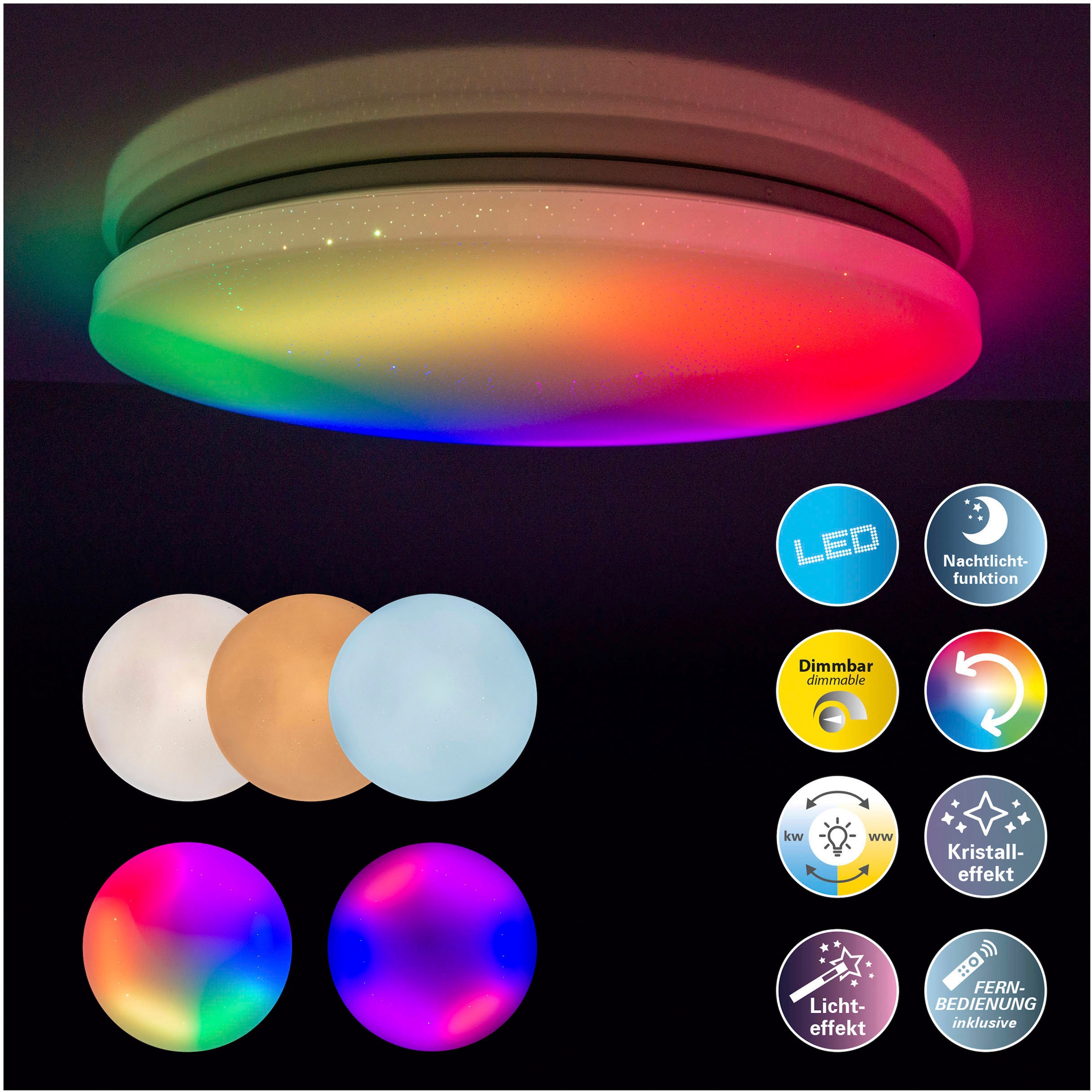 näve LED Deckenleuchte »Rainbow«, 1 flammig, Kristalleffekt, dimmbar, Nachtlicht, CCT, Farbwechsler, Fernbedienung