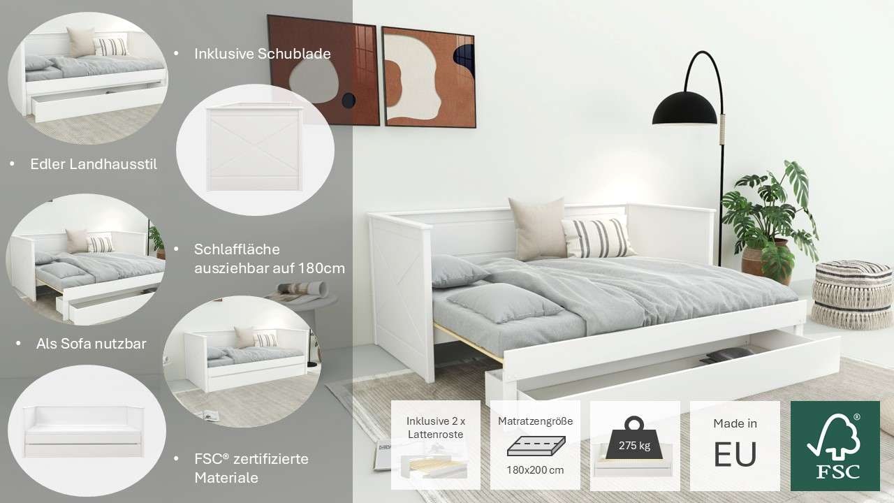 Home affaire Daybett »Emden«, mit Ausziehfunktion und Bettkasten, inklusive Lattenrost
