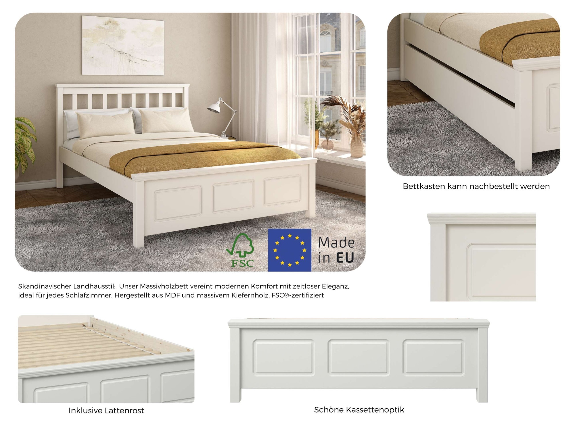 OTTO home Bett »Tillian, Bettgestell, Doppelbett, Bettkasten optional, Made in EU« B/T/H: 149,6/213,1/230,8 cm,  aus massiver Kiefer in Kombination mit MDF, FSC®, inklusive Lattnerost
