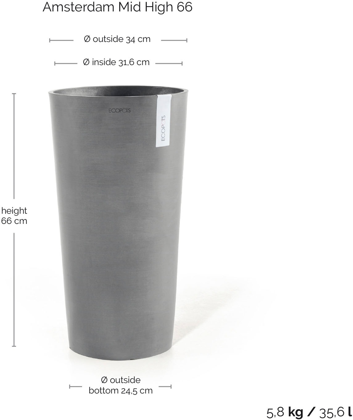 ECOPOTS Blumentopf »AMSTERDAM MID HIGH Grey« BxTxH: 34x34x66 cm