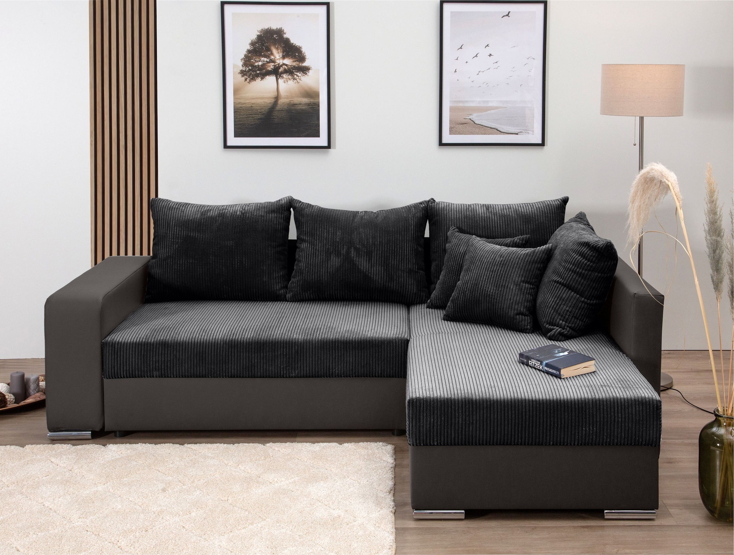 COLLECTION AB Ecksofa »L-Form«, Regalarmlehne mit LED RGB Beleuchtung,Bettfunktion und Bettkasten
