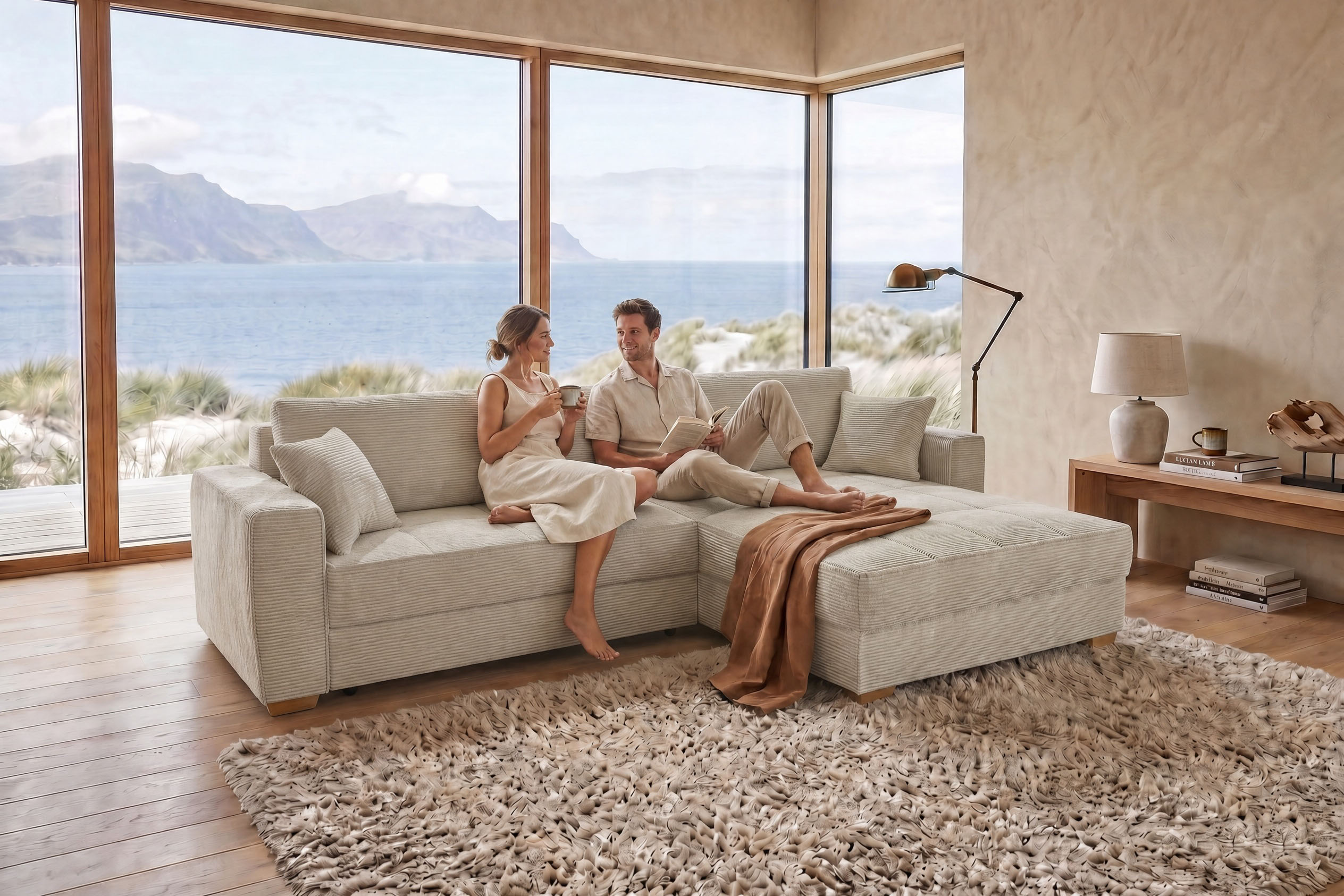 Jockenhöfer Gruppe Ecksofa "Bologna, L-Form, Breite: 298 cm, Cord-Bezug, beidseitig montierbar" mit Schlaffunktion, Bettkasten & Zierkissen, XXL-Ottomane