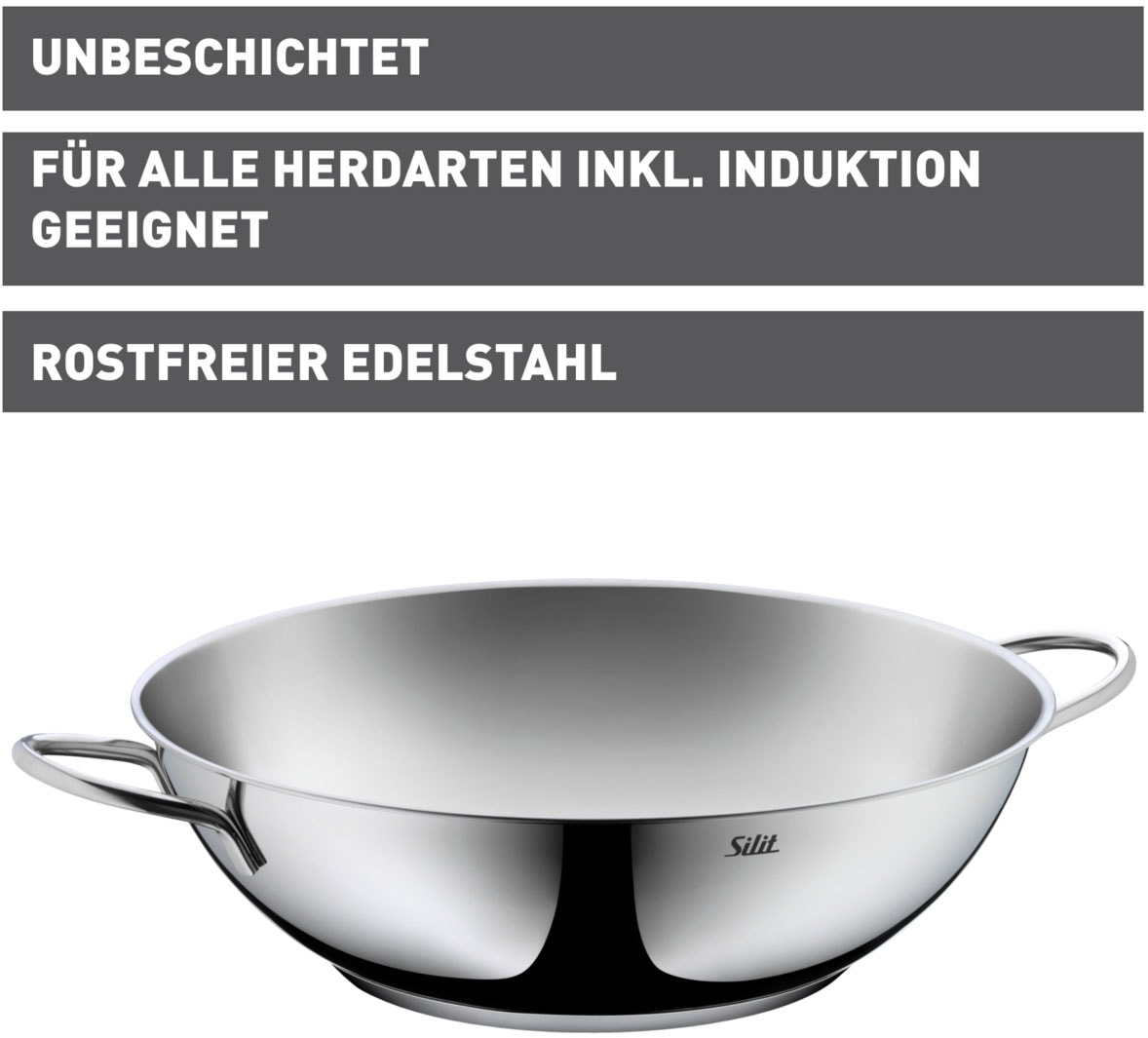 Silit Wok »Wokpfanne Induktion«, Cromargan® Edelstahl Rostfrei 18/10, (1 tlg.), ideal für energiesparendes Kochen, für alle Herdarten geeignet