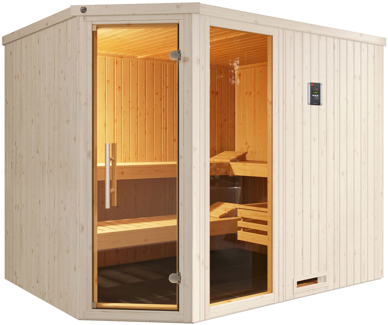 weka Sauna »Element-Ecksauna VARBERG 4«, vorgefertigte Elemente, Fensterelement, moderne Ganzglastür