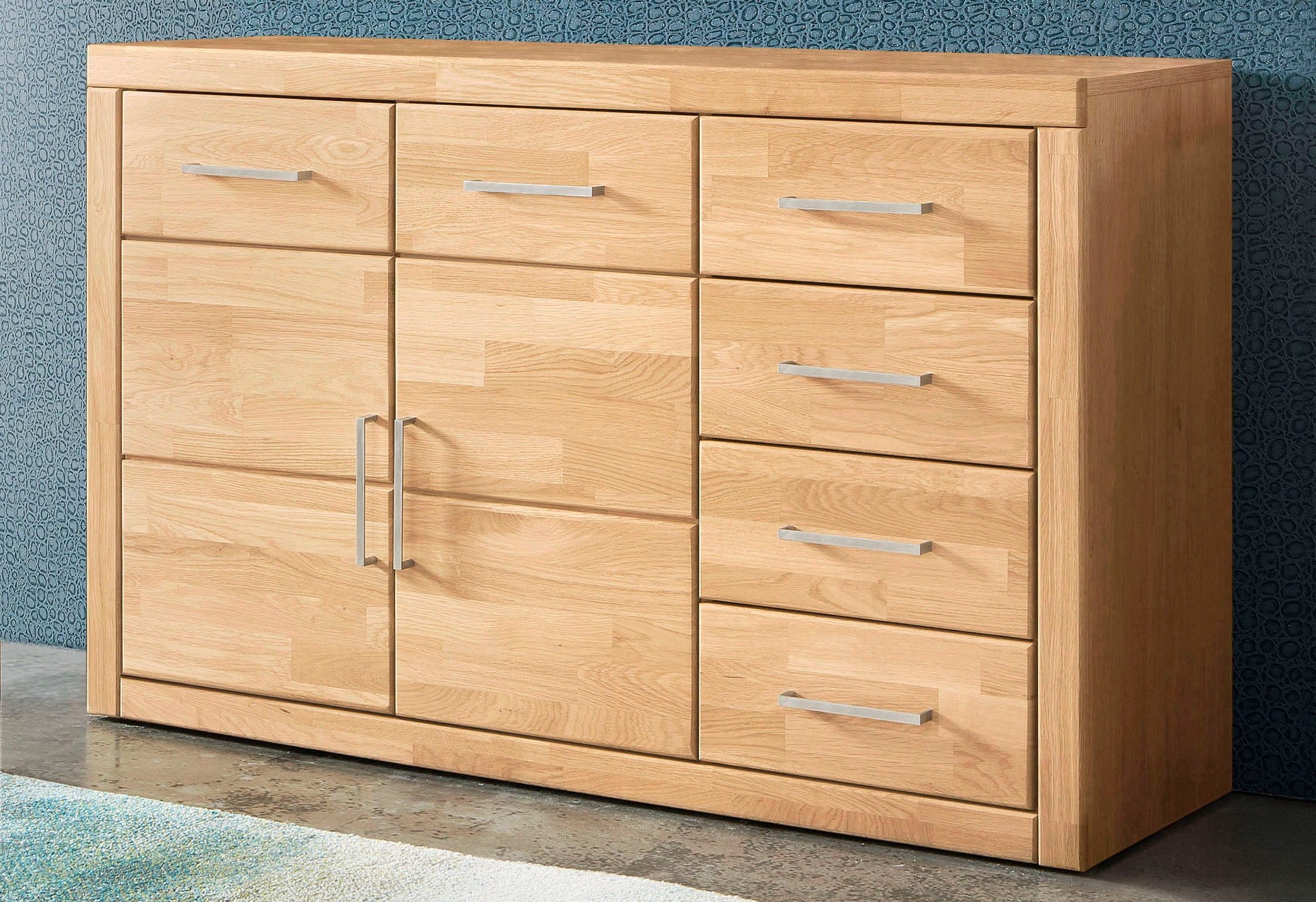 OTTO home Sideboard "Trondheim,130cm breit,42 cm tief, Fronten Holzmassiv, Metallgriffe" Korpus aus Holzwerkstoff,2 Türen, 2 breite Fächer,5 Schubladen