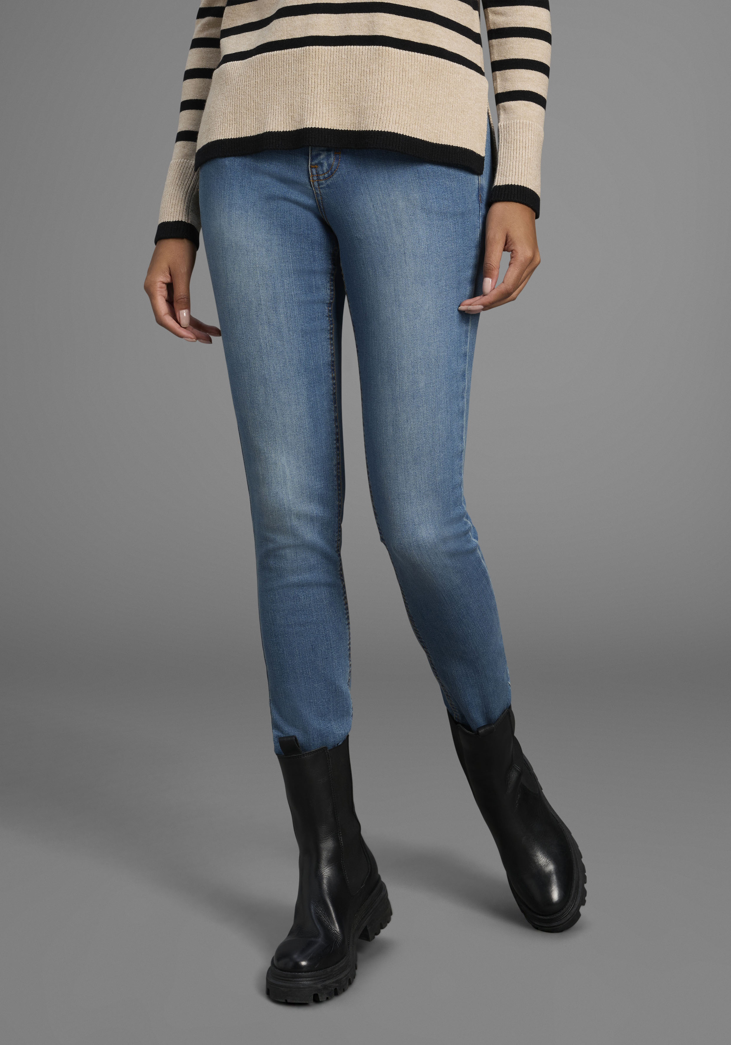 Arizona Slim-fit-Jeans "Bund mit seitlichem Gummizugeinsatz" schmale Passform, Röhrenjeans, Used-Waschung, hohe Leibhöhe