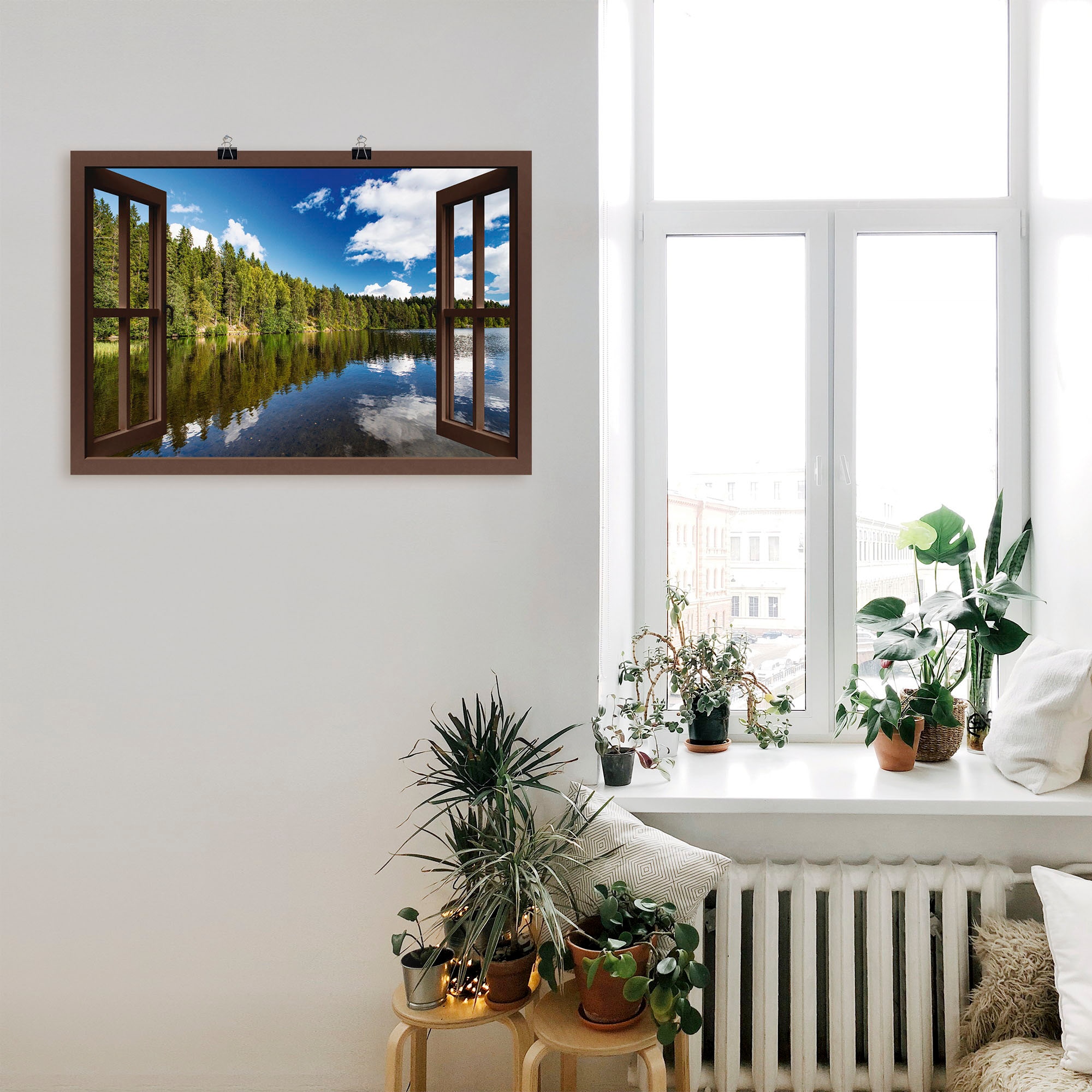 Artland Poster »Norwegische Landschaft - braunes Fenster«, Fensterblick, (1 St.), als Alubild, Leinwandbild, Wandaufkleber oder Poster in versch. Größen