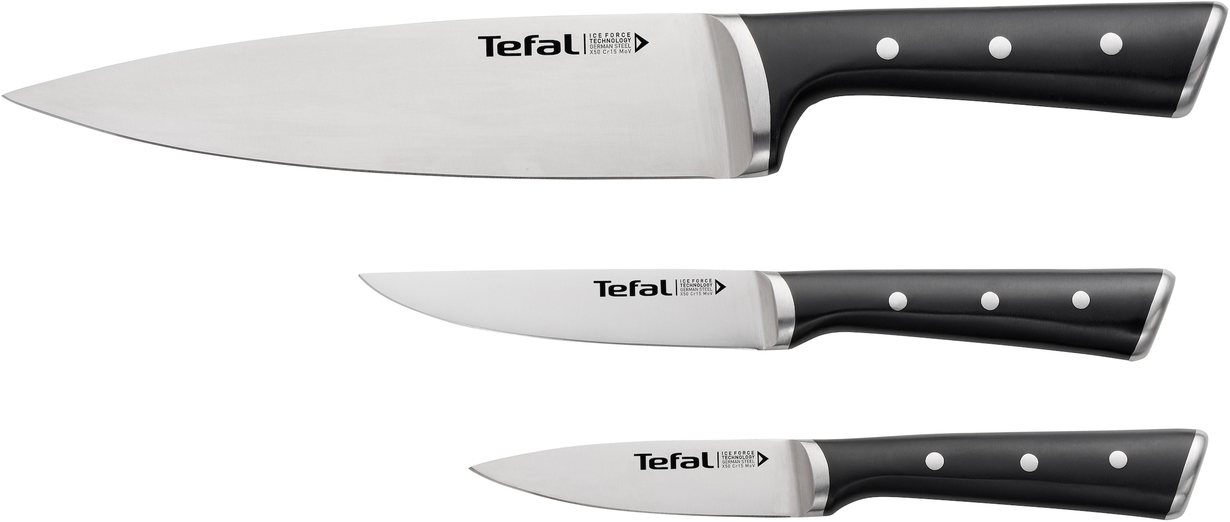 TEFAL Messer-Set "Ice Force"schwarz, edelstahl, Kochmesser-Sets, 3-tlg. Set, Eishärtungstechnologie, Klinge aus deutschem Edelstahl