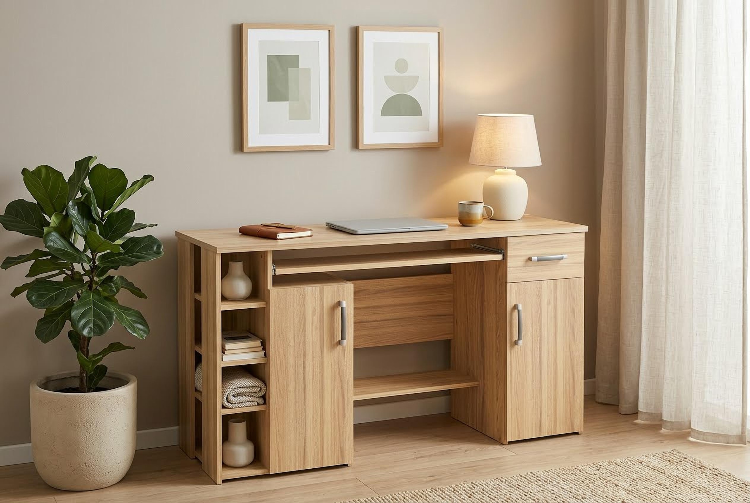 VOGL Möbelfabrik Schreibtisch »Tim mit seitlich offenen Fächern & Tastaturauszug,« Druckerablage, 1 Schublade, Breite 138 cm, Made in Germany