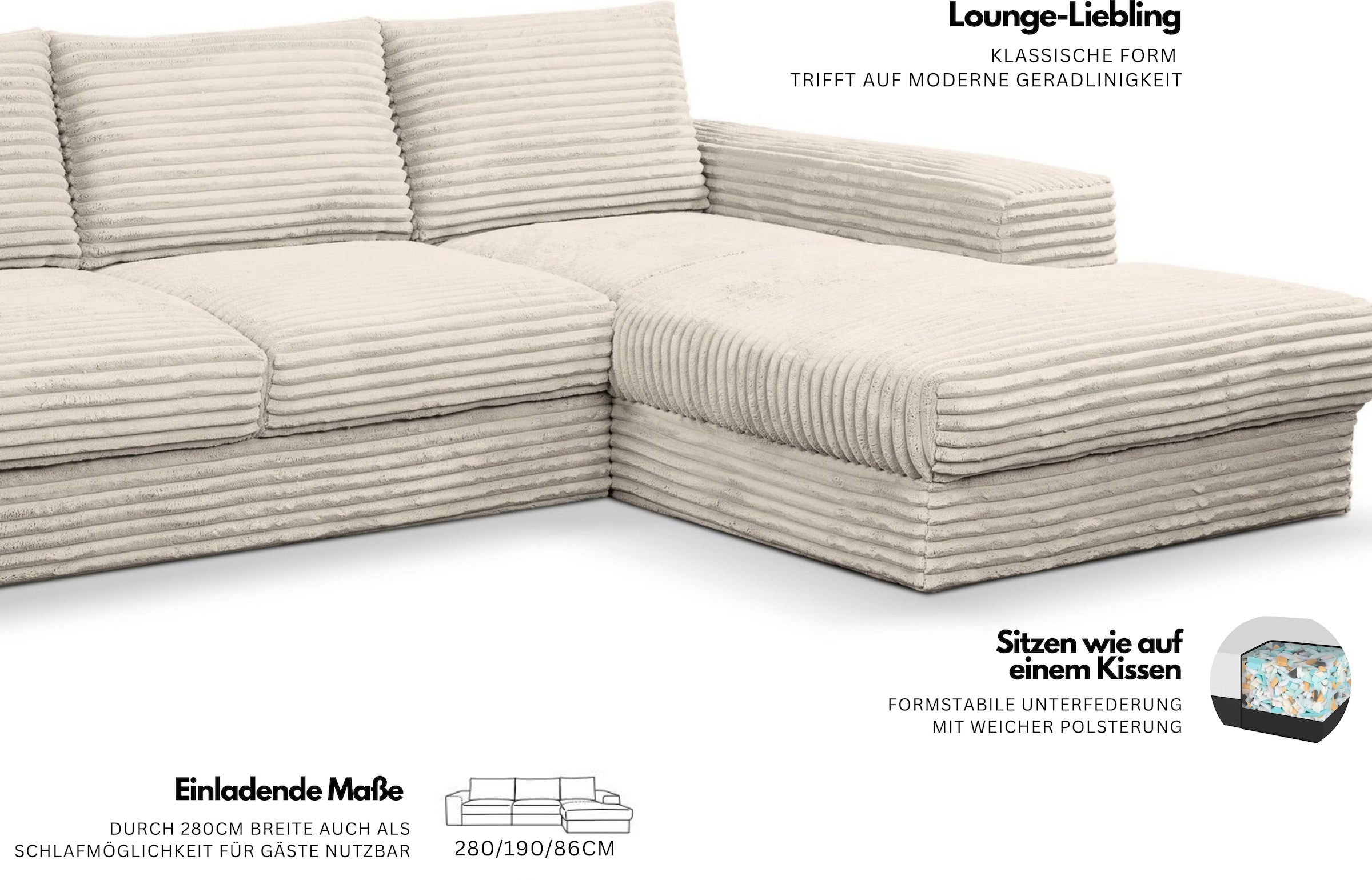 WERK2 Ecksofa »Rozzana Lounge Sofa, zeitlos & viel Platz, Design & Komfort« Cord, L-Form, XXL