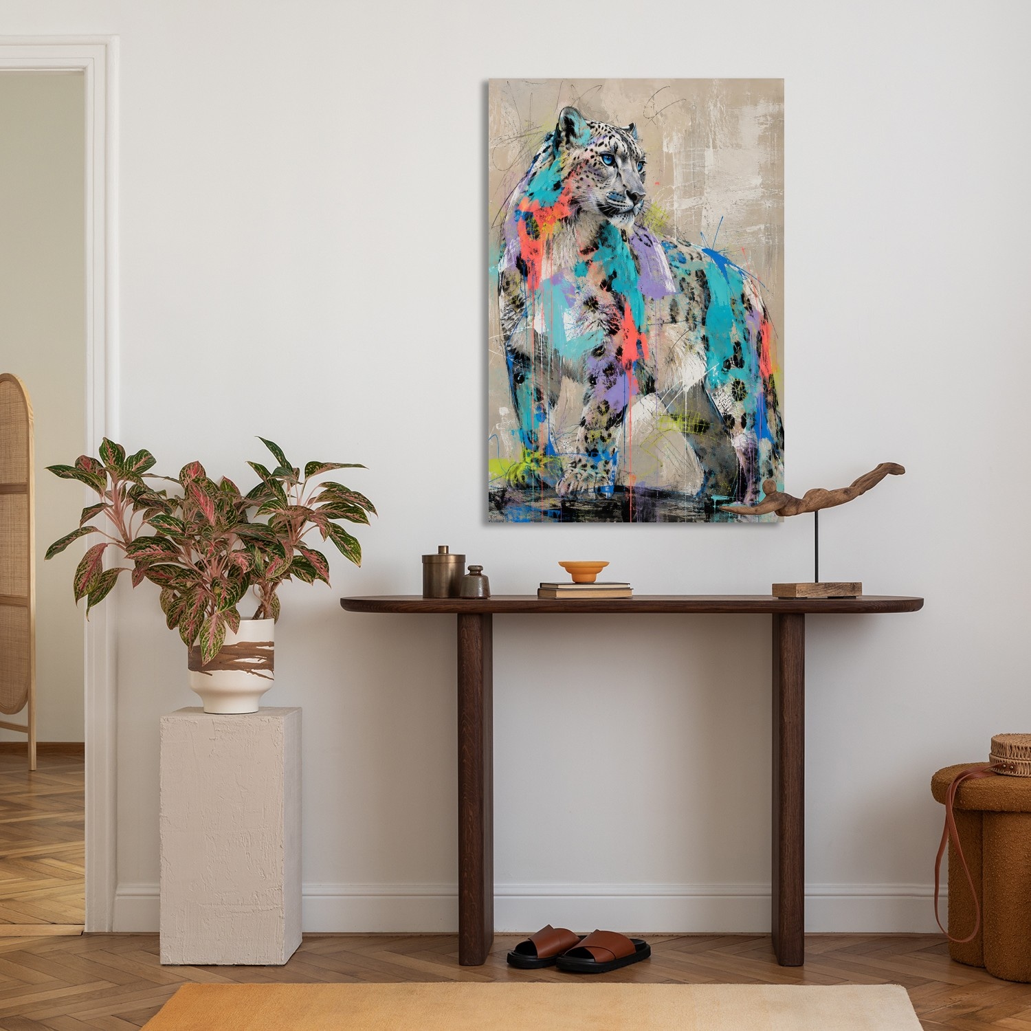 queence Acrylglasbild »Urban Art Bunter Schneeleopard« Abstrakt | Leopard | Tiere 1 Stk. tlg. Wandbild Wohnzimmerdeko buntes Tiermotiv Abstrakte Kunst