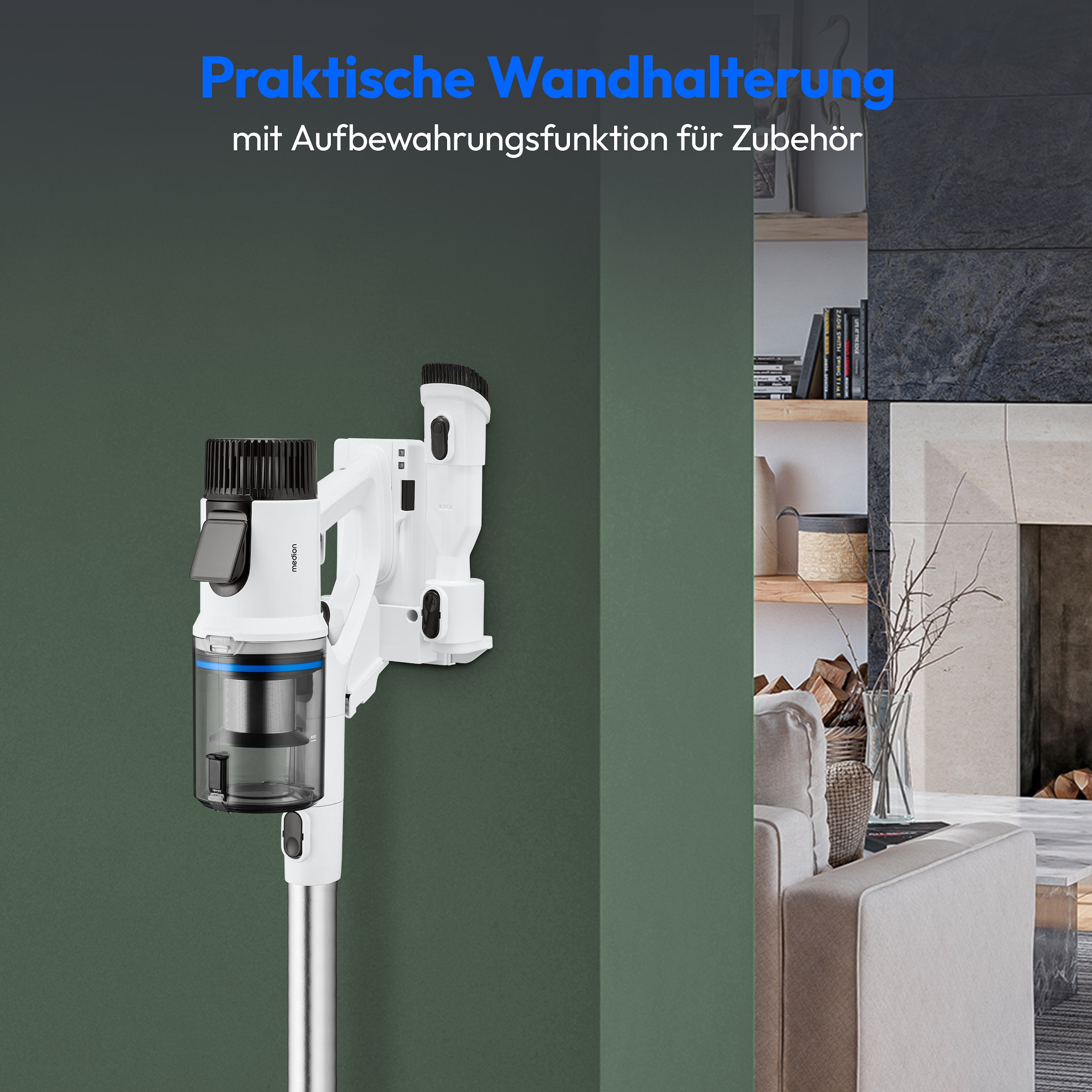 Medion® Akku-Stielstaubsauger »P400 W+ (MD 11860), elektrischer Wischaufsatz, 26 kPa Saugleistung«, LED-Touch-Display, Staubsensor, Wechselakku, integriertes Zubehör