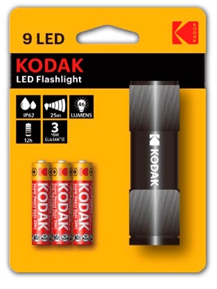 Taschenlampeschwarz, Mobilleuchten, KODAK LED TAschenlampe, Aluminium, schwarz+ inkl. 3xAA Batterien+ 9 leistungsstarke LED für helle und