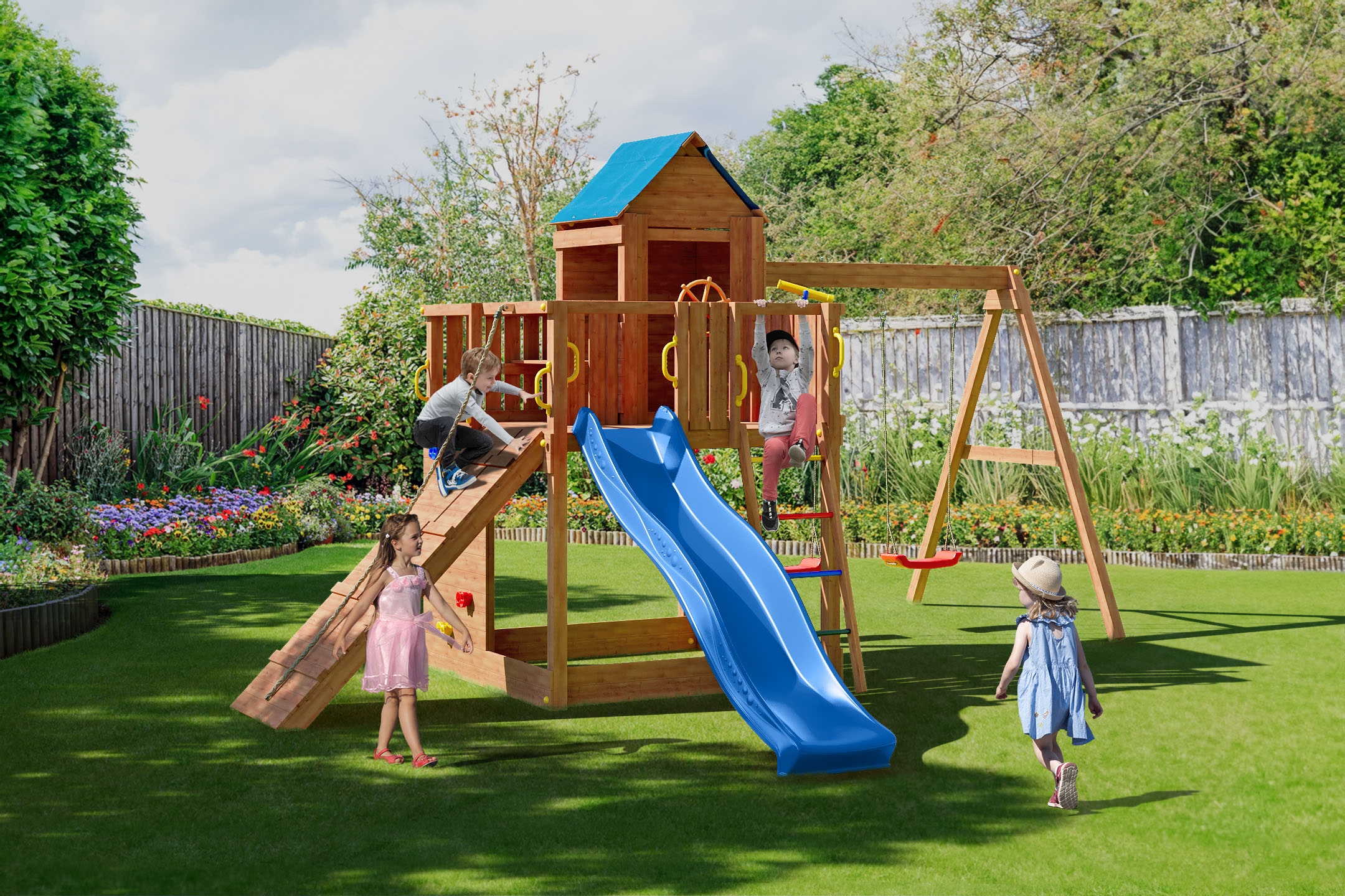 FUNGOO Spielturm »Treehouse« mit Spielhaus, Rutsche, Doppelschaukel, Kletterwand