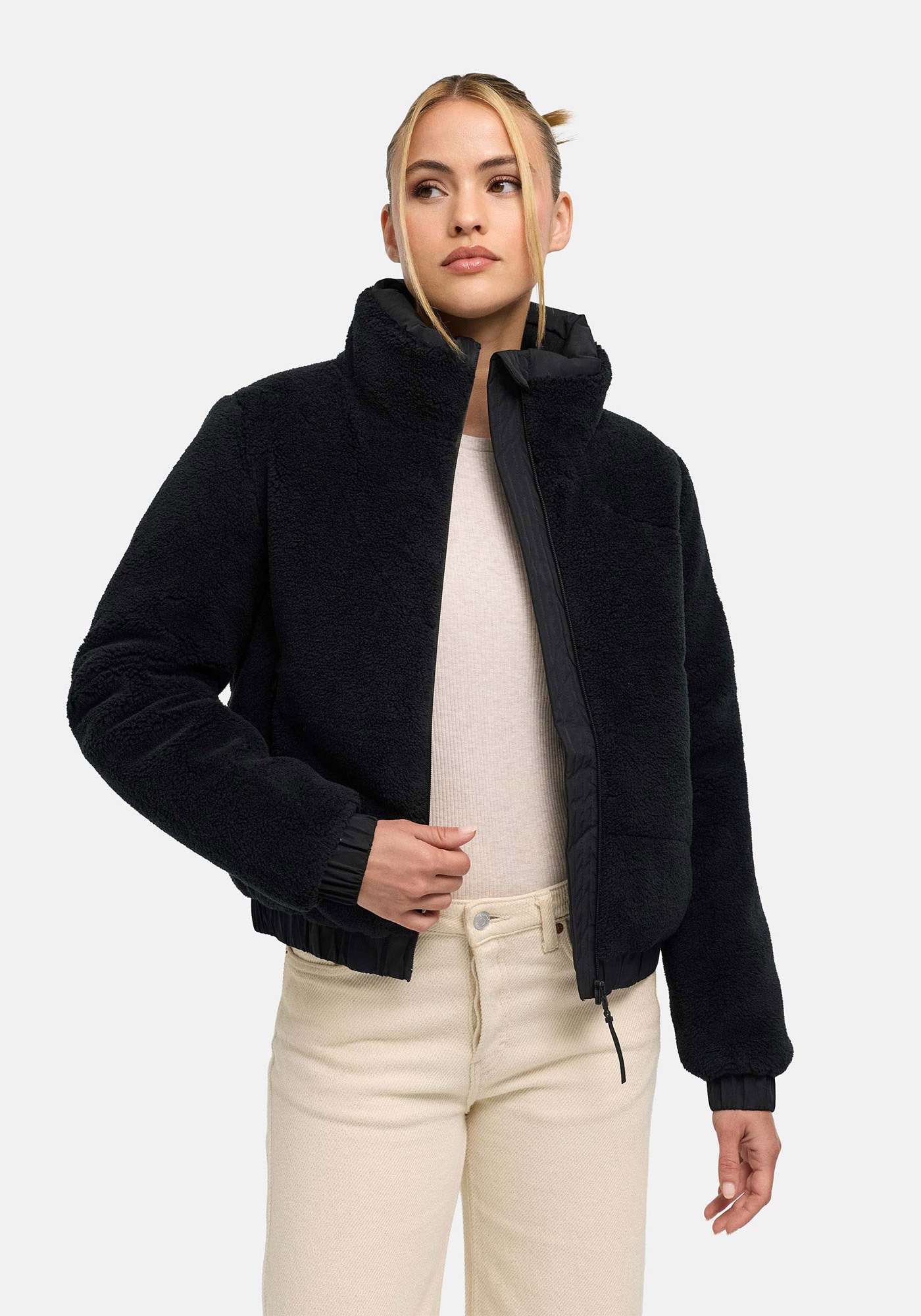 Marikoo Winterjacke »Yuvaa« mit Kapuze Damen Teddyjacke kurz aus weichem Teddyfleece mit Stehkragen